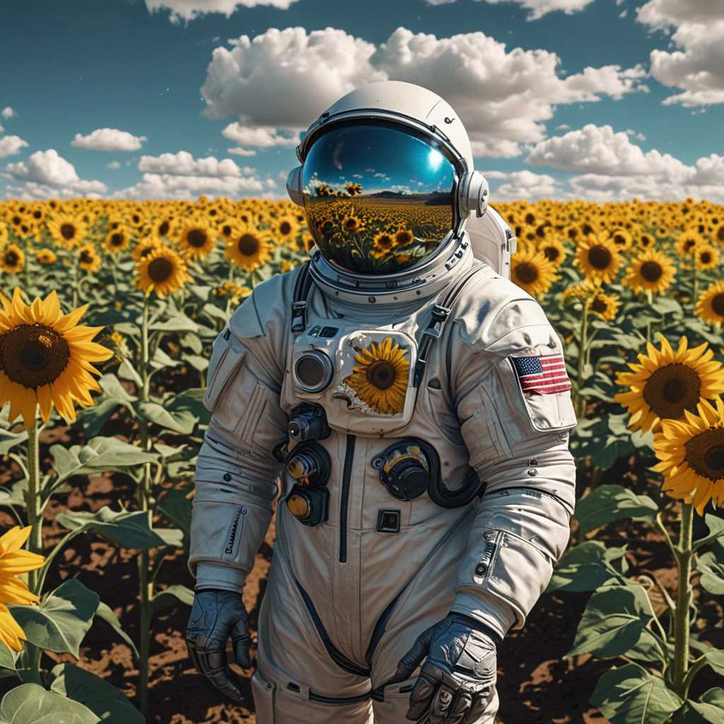 Create a surreal and vibrant scene featuring an astronaut in a space suit standing in the middle of a sunflower field. The astronaut's helmet should reflect the sunflowers and the bright blue sky with scattered clouds. The suit should have realistic textures and details, including patches and equipment, to give it an authentic look. The sunflowers should be tall, healthy, and vivid, with the golden-yellow petals contrasting beautifully with the green stems and leaves. The overall atmosphere should be a blend of otherworldly and serene, with warm, natural lighting that enhances the colors and creates a sense of harmony between the astronaut and the sunflowers.