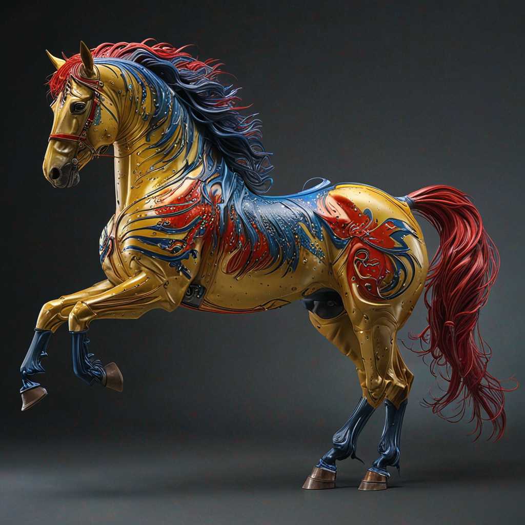 A mesmerizing high-resolution digital art piece by Hans Darias AI captures the essence of a magnificent, fluorescent, yellow, blue, and red and stallion. The horse stands with immense power and grace, adorned in intricate latex chrome armor that glistens under dramatic lighting. Its flowing mane and tail masterfully blend elegance and ferocity, accentuating its regal posture. The detailed chromed armor engravings feature mythical designs, while the dynamic pose is highlighted by the vivid contrast between the deep purple and shimmering gold. The artwork showcases a fantasy setting with a mix of fire and smoke, further amplifying the epic and mystical aura. Hans Darias AI has truly created a masterpiece with this breathtaking illustration.