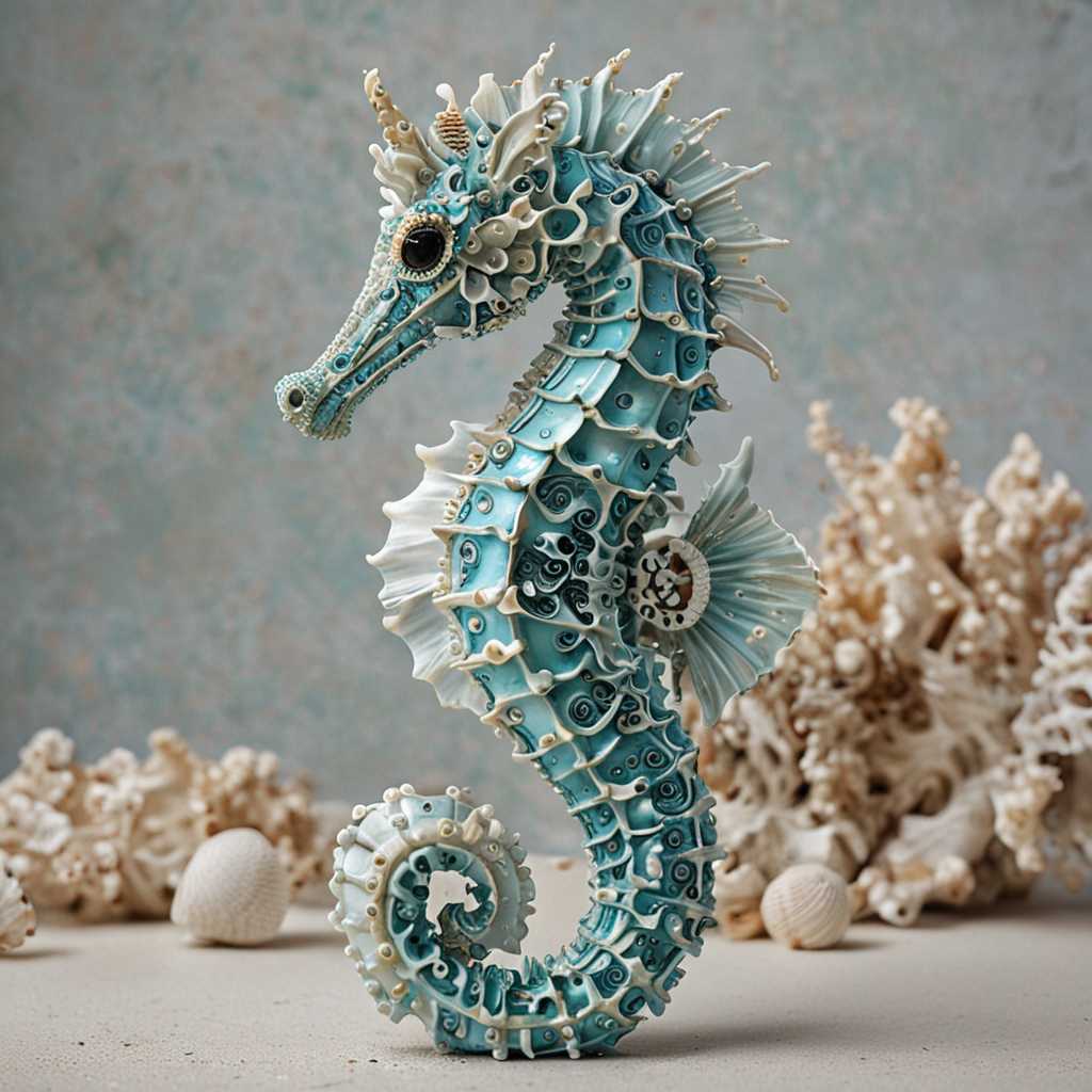 A mesmerizing 4K HDR 3D sculpture of a majestic seahorse, meticulously crafted from an array of delicate seashells. The seahorse's striking eyes are rendered with stunning realistic detail, drawing the viewer into its captivating gaze. The semi-transparent turquoise and iridescent pearly white waves envelop the seahorse, adding a dynamic touch to its form and movement. The color palette dazzles with a captivating blend of diamonds, dark navy blue, white, yellow, fiery orange, and neon hot pink, creating striking contrasts that highlight the seahorse's intricate design.  The intricately detailed and textured surfaces of the seashells bring a remarkable depth and dimension to the sculpture, making the seahorse appear almost lifelike. The overall effect is a vivid, en