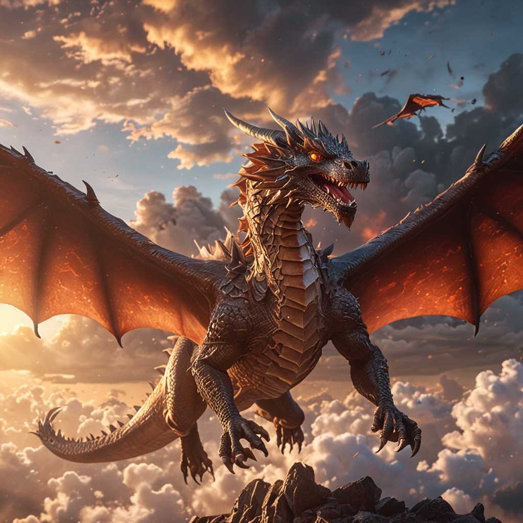 A stunning ultra-realistic 8K 3D render of the Dragon. The card features a majestic, shimmering dragon soaring through a dreamy, cloud-filled sky, with a vivid sun setting in the distance. The dragon's scales are delicately detailed, and its eyes sparkle with life. The overall ambiance of the image is dreamy and enchanting, with a touch of anime-inspired artistry. This concept art is a Matt painting that exudes fantasy, wonder, 3d render, anime