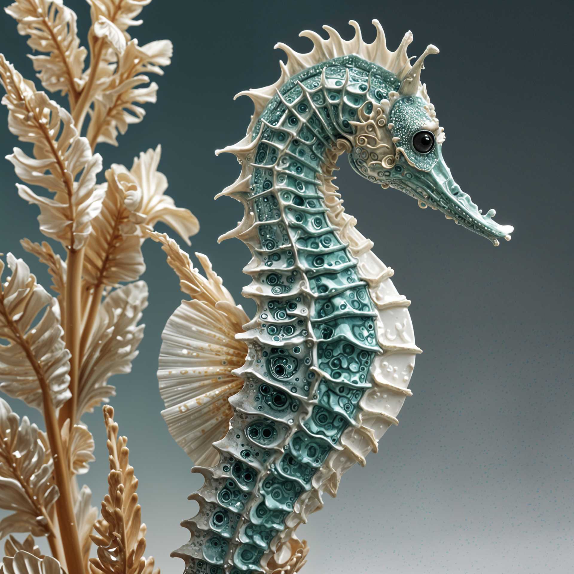 An Exquisite Teal and White Seahorse Sculpture with a Detailed Crown and Tail Fin, Perched on a Branch-Like Structure