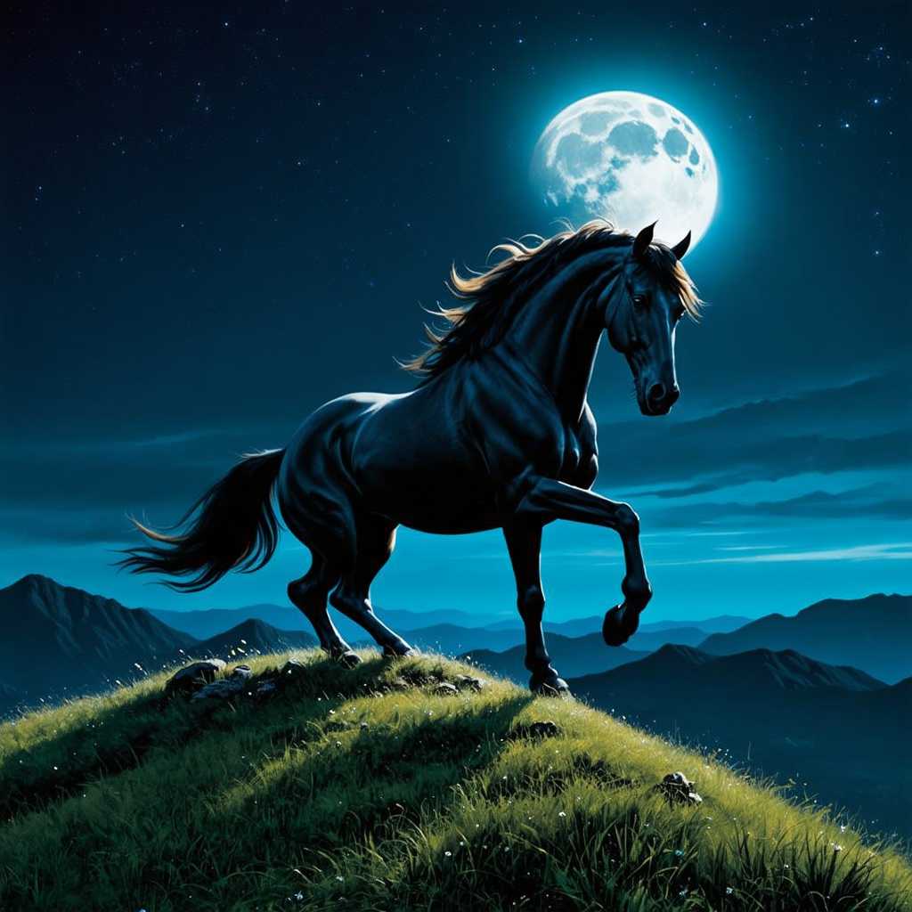 Midnight Steed A Black Horse in the Moonlight