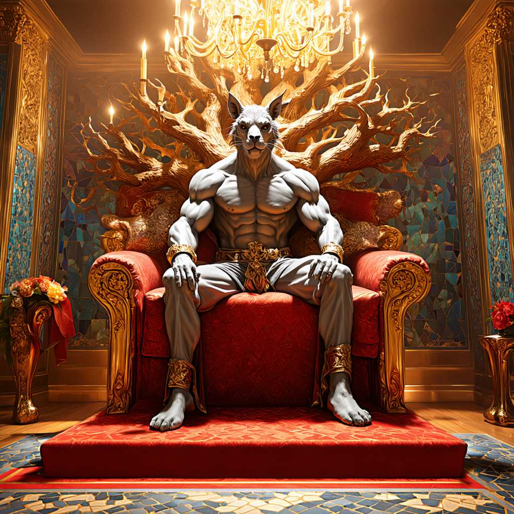 An imagined animal fantastic, strong and muscular, dressed in royal garments, seated on a throne designed like the tree of life in gold and silver. The throne room is lushly decorated, with colorful mosaics, grand chandeliers, and rich fabrics. The room is bathed in magical, radiant light. Created Using: fantasy realism, highly detailed, vivid colors, dramatic lighting, intricate designs, inspired by Renaissance art, ultra-high resolution, enchanting atmosphere