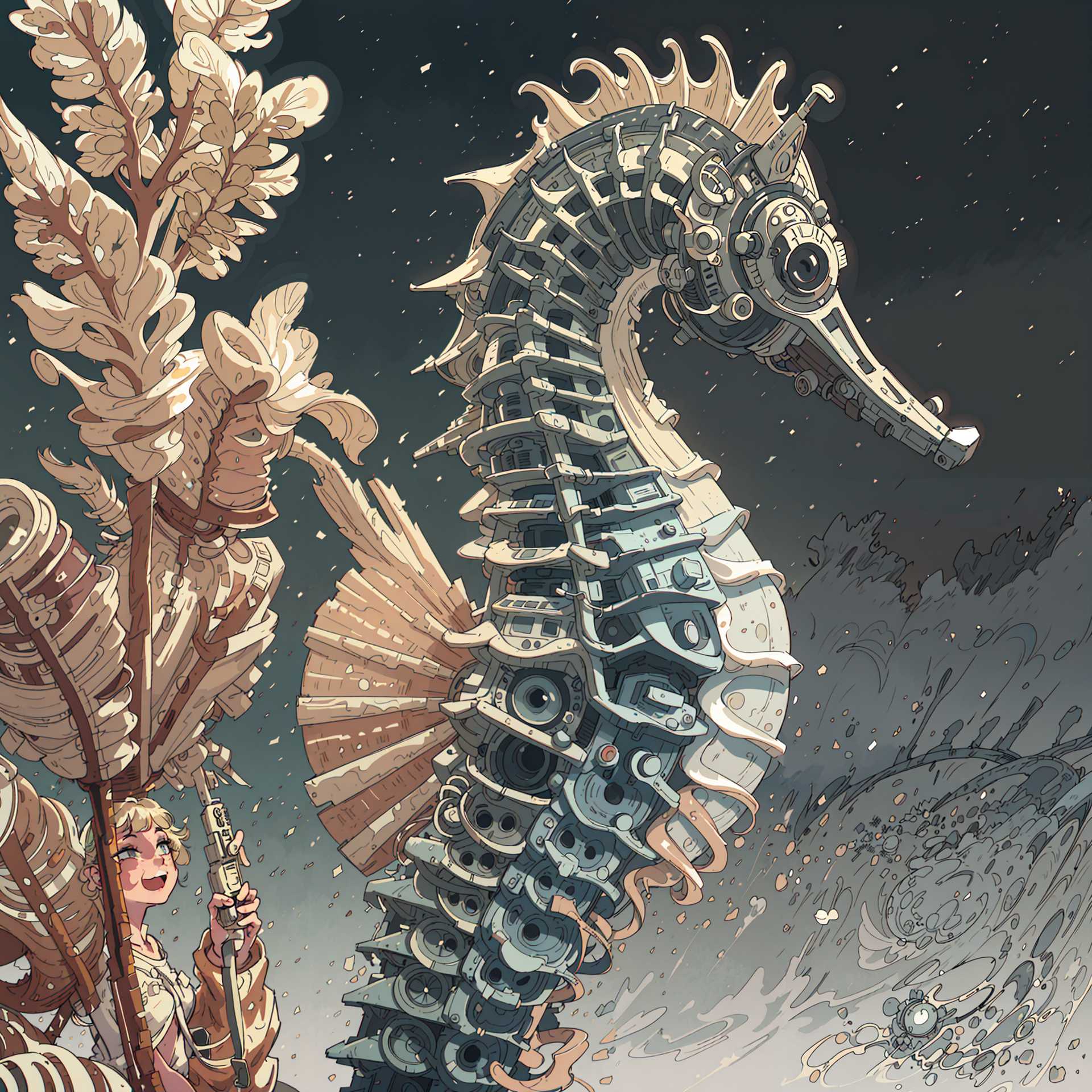 Mechanical Marvel: A Steampunk Seahorse and Its Human Admirer
