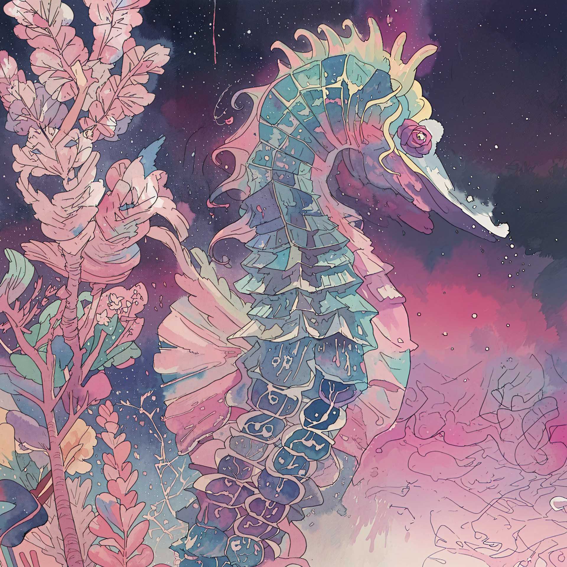 Seahorse amidst cosmic coral in a watercolor galaxy.