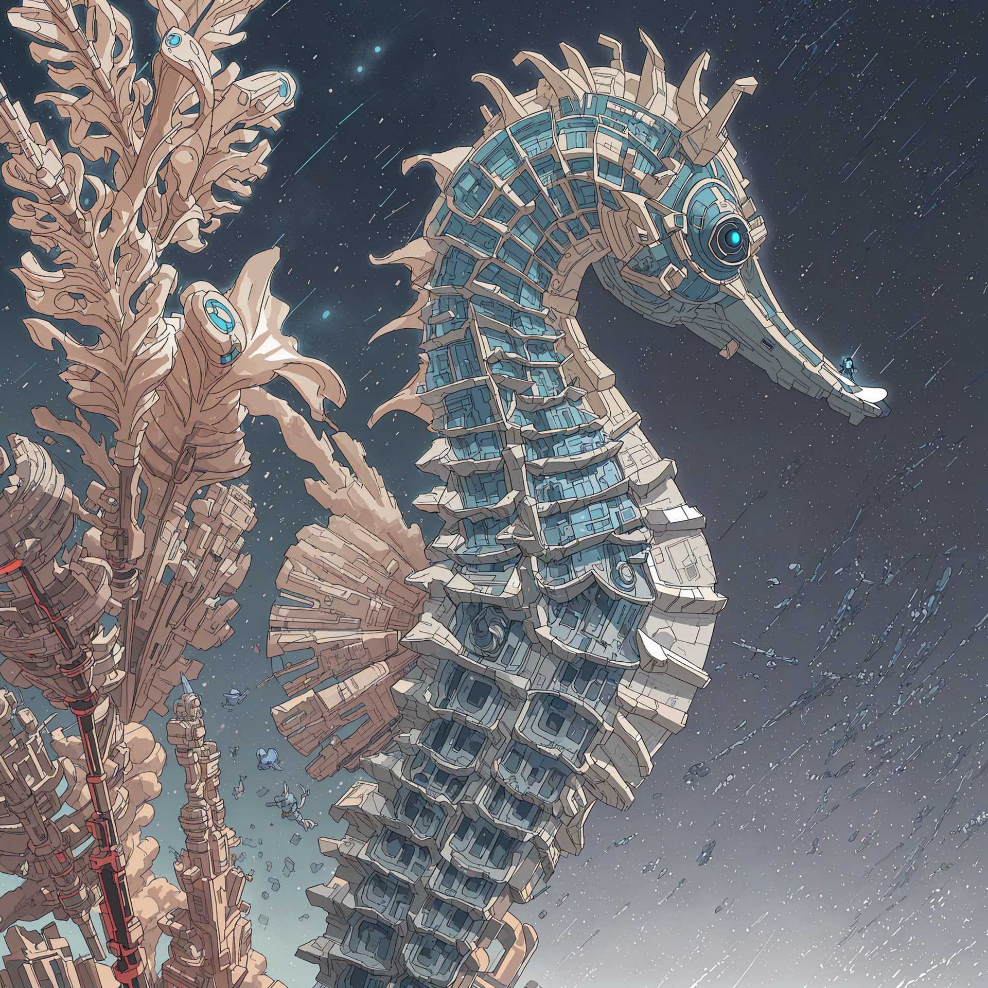 Seahorse-like Construct with a Starry Sky Background