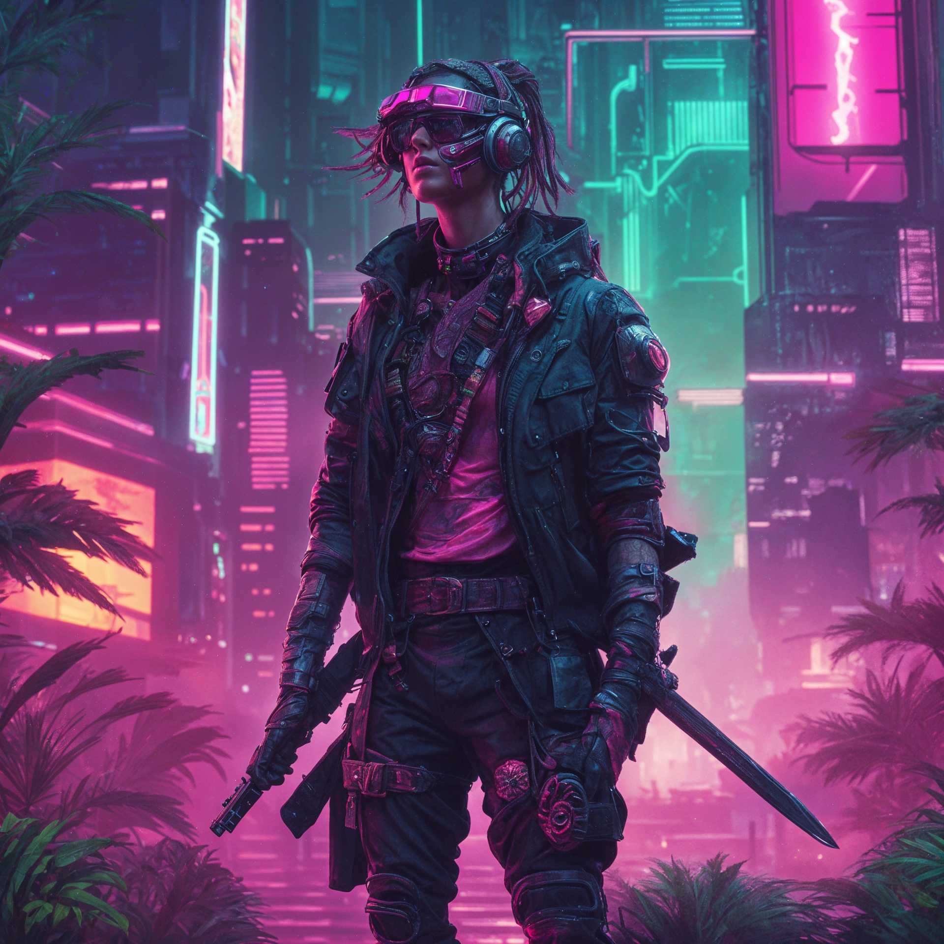 Neon-Lit Warrior: A Cyberpunk Sentinel in the Urban Jungle