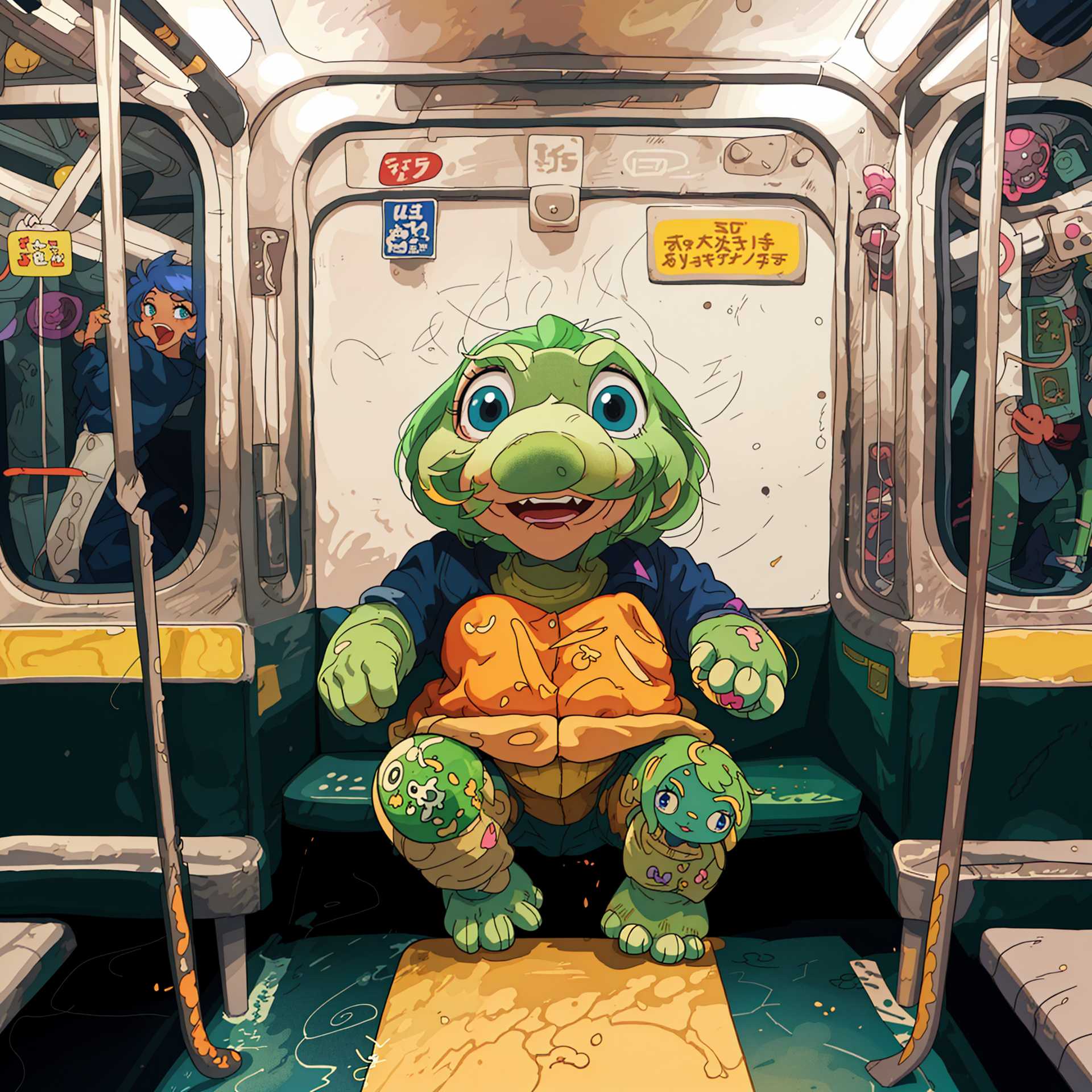 An animated turtle with a surprised expression riding a dirty subway.