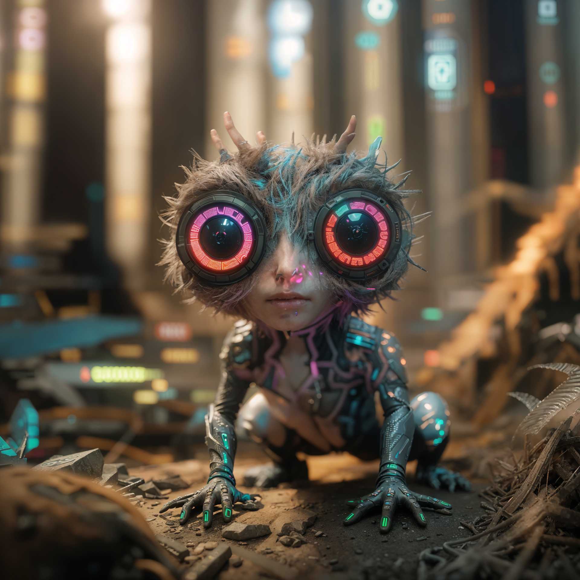 Captivating Glimpse of a Cybernetic Frog-Like Being in a Futuristic World