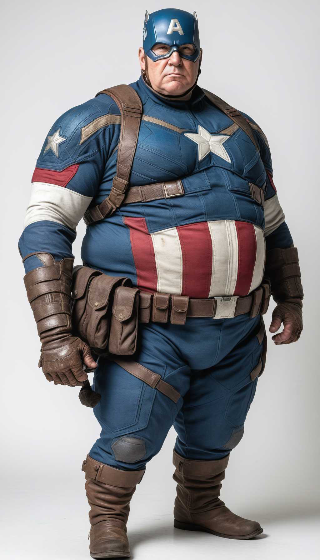 Overweight Person in Captain America Costume Standing with Fist Clenched