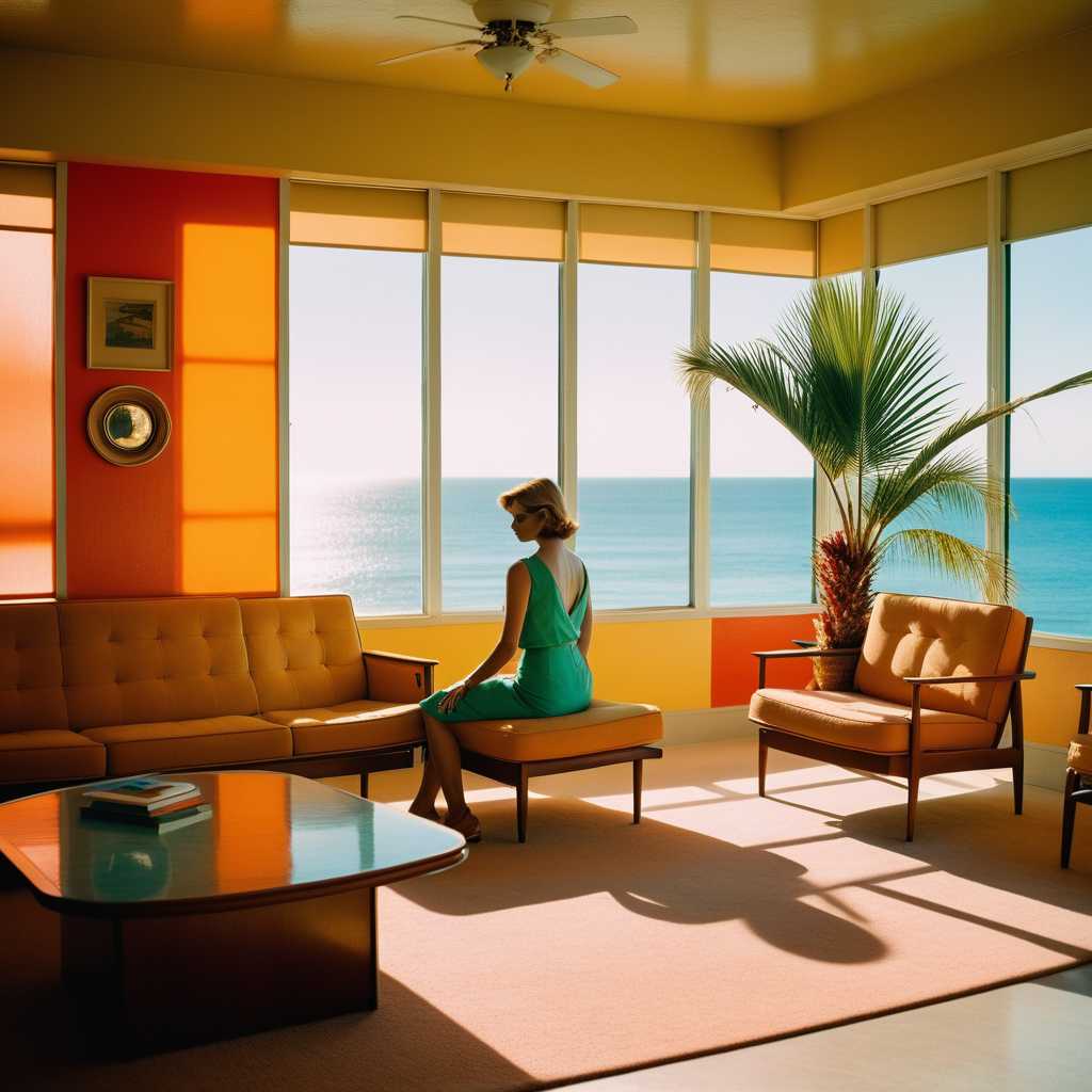 Prompt: Edward Hopper style,Mid-Century Modern furniture, A combination of multiple low saturation color blocks,psychedelic, soviet minimalism,play with light and shadow,setting sun,villas,cat,living room,office,library, vogue woman,ocean,palm,80s car,taken with hasselblad XD1, 400mm lens, film grain --no filter --ar 3:4 