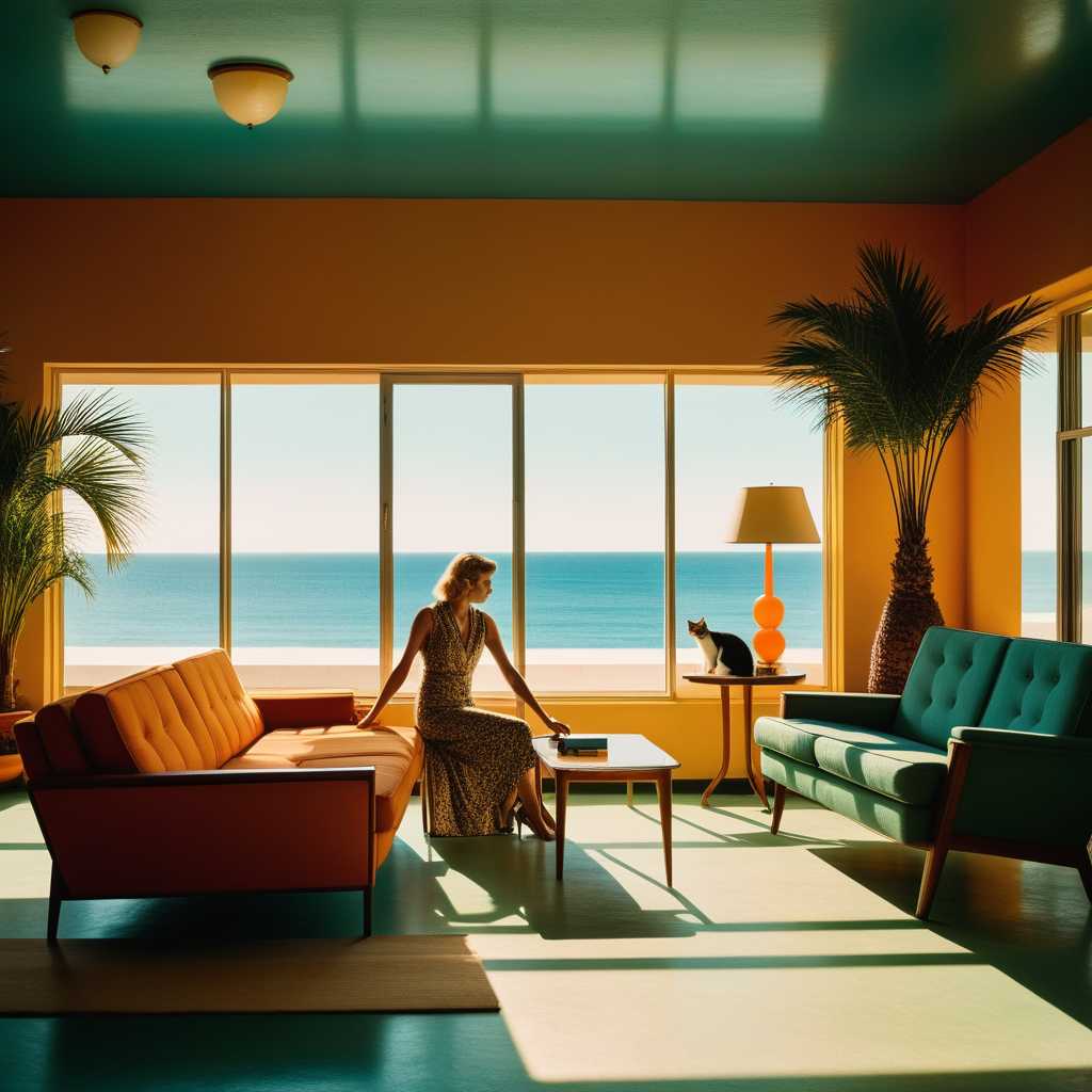 Prompt: Edward Hopper style,Mid-Century Modern furniture, A combination of multiple low saturation color blocks,psychedelic, soviet minimalism,play with light and shadow,setting sun,villas,cat,living room,office,library, vogue woman,ocean,palm,80s car,taken with super 8 or hasselblad XD1, 400mm lens, film grain --no filter --ar 3:4 
