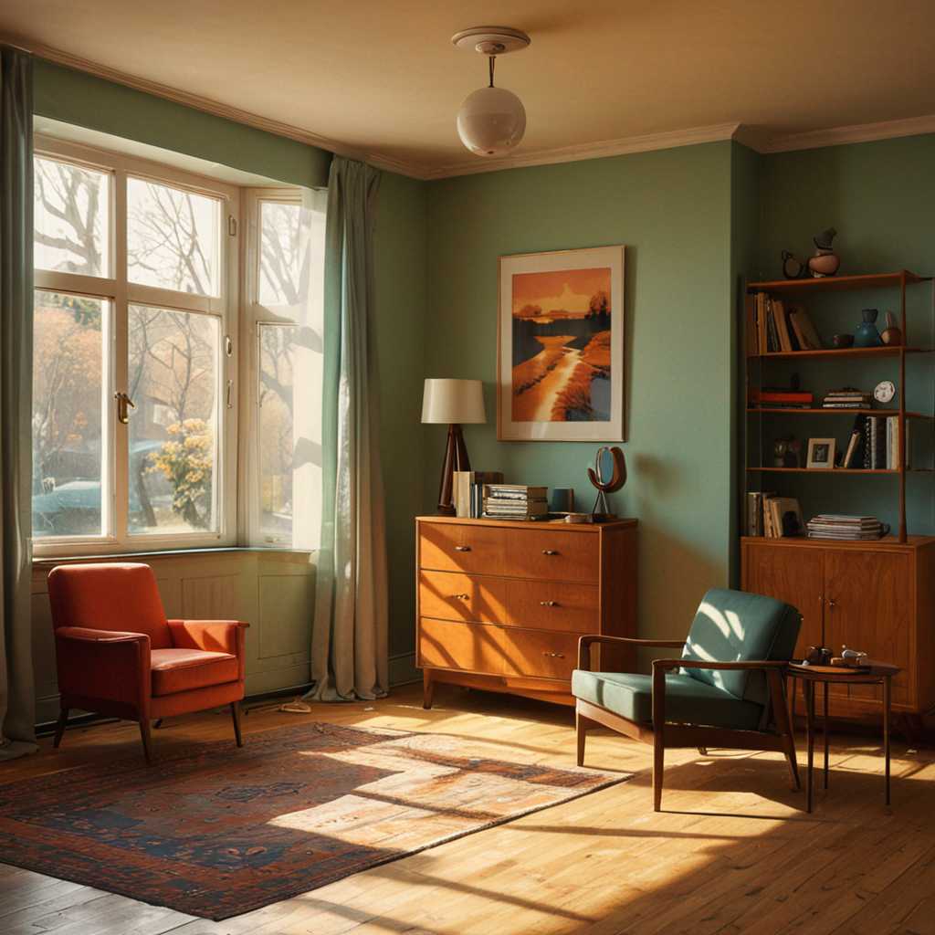Sunlit Living Room with Midcentury Modern Furniture and Landscape Painting