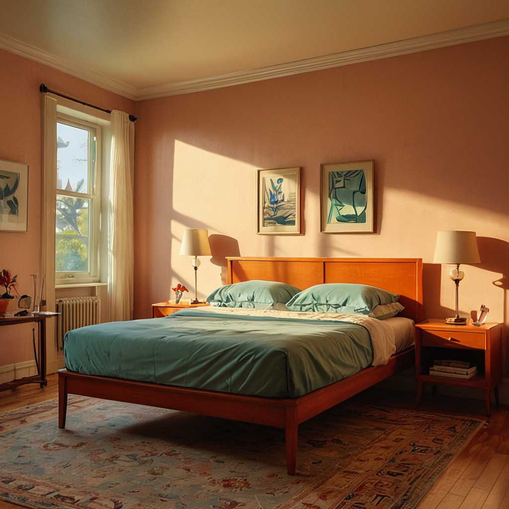 Edward Hopper style, Mid-Century Swedish furniture & style, A combination of multiple low saturation color blocks, psychedelic, play with light and shadow, setting sun ,mansion ,bedroom, vogue, taken with super 8 or hasselblad XD1, 400mm lens, film grain --no filter --ar 3:4 