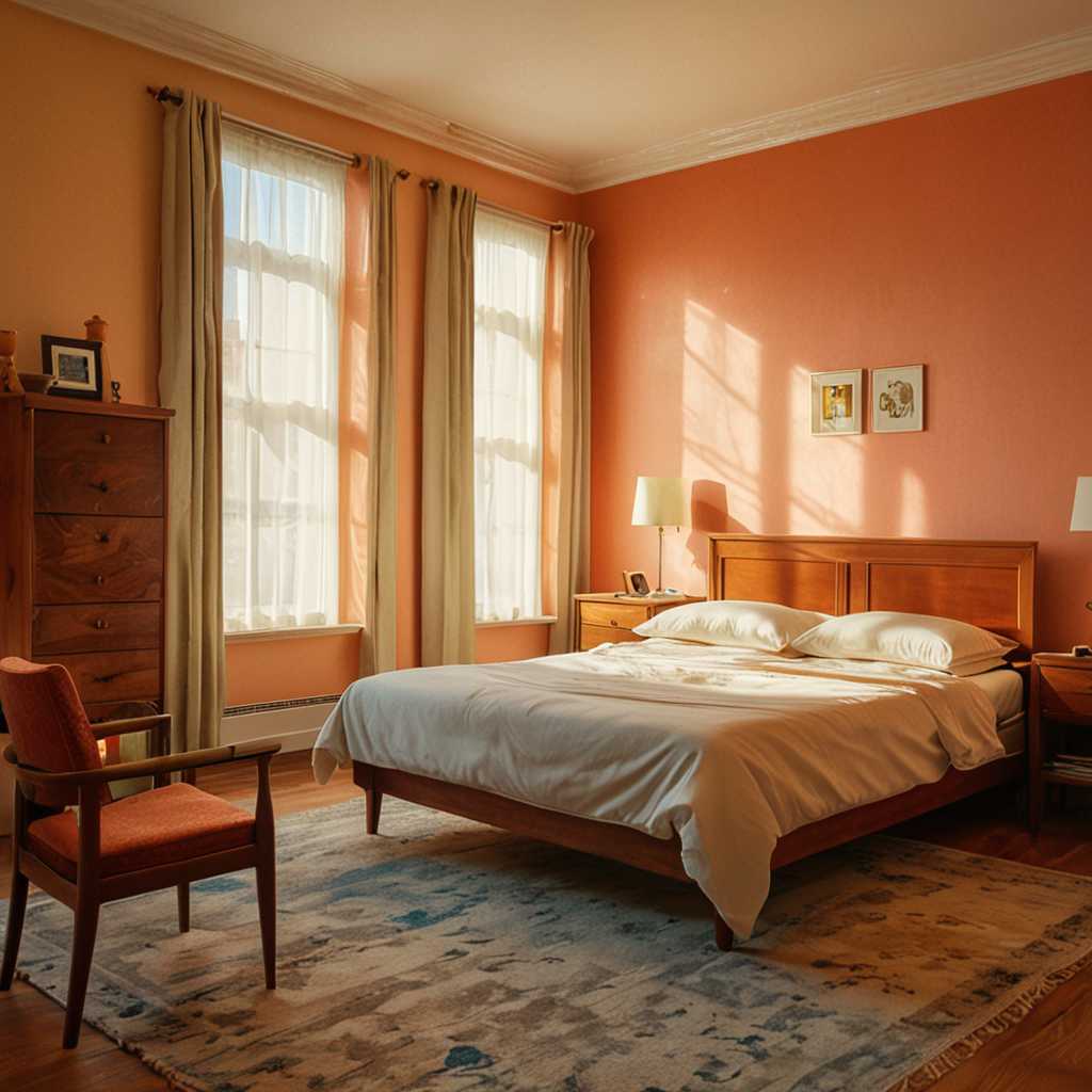 Sunlit MidCentury Modern Bedroom with Warm Peach Palette
