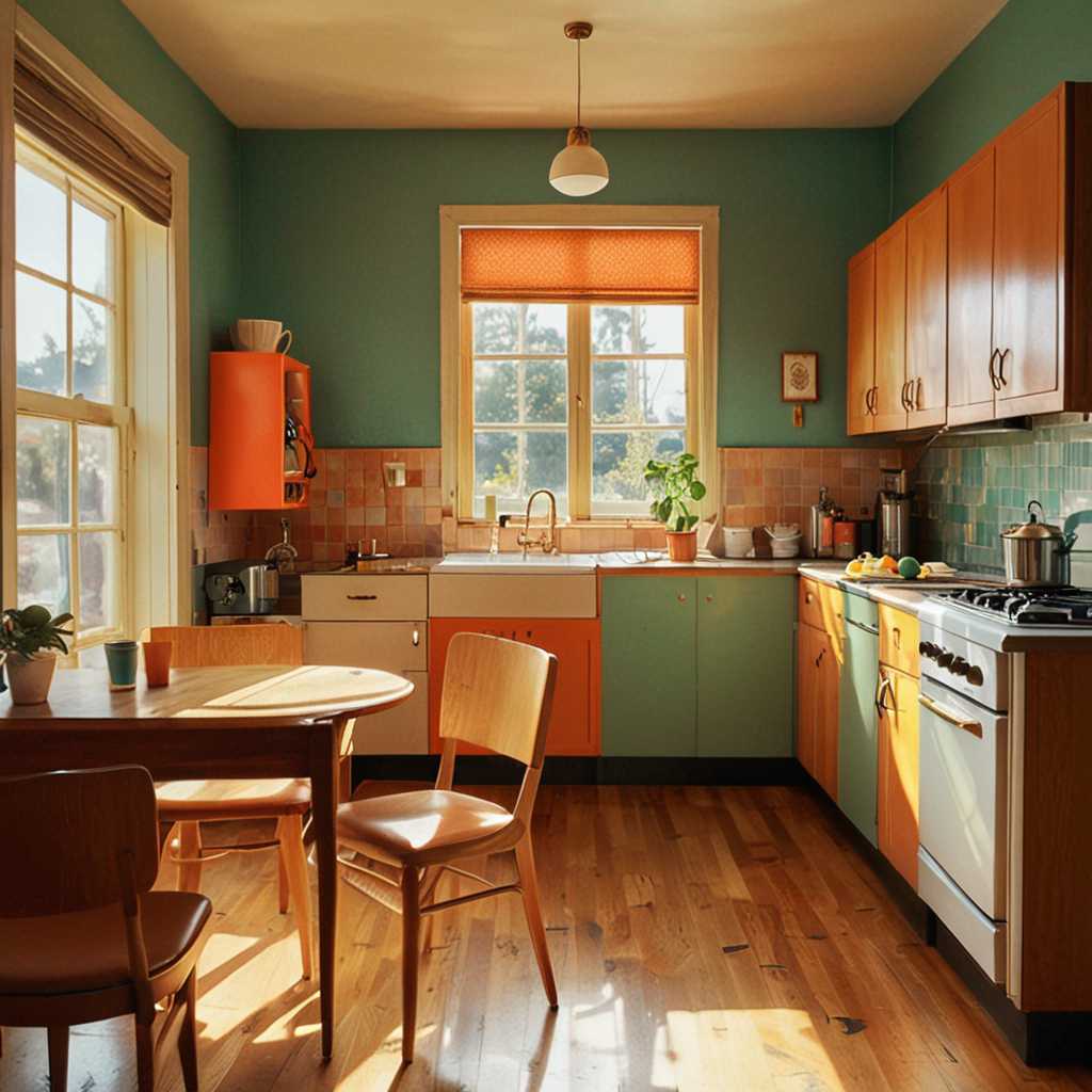 Edward Hopper style, Mid-Century Swedish furniture & style, A combination of multiple low saturation color blocks, psychedelic, play with light and shadow, setting sun ,mansion ,kitchen, vogue, taken with super 8 or hasselblad XD1, 400mm lens, film grain --no filter --ar 3:4 