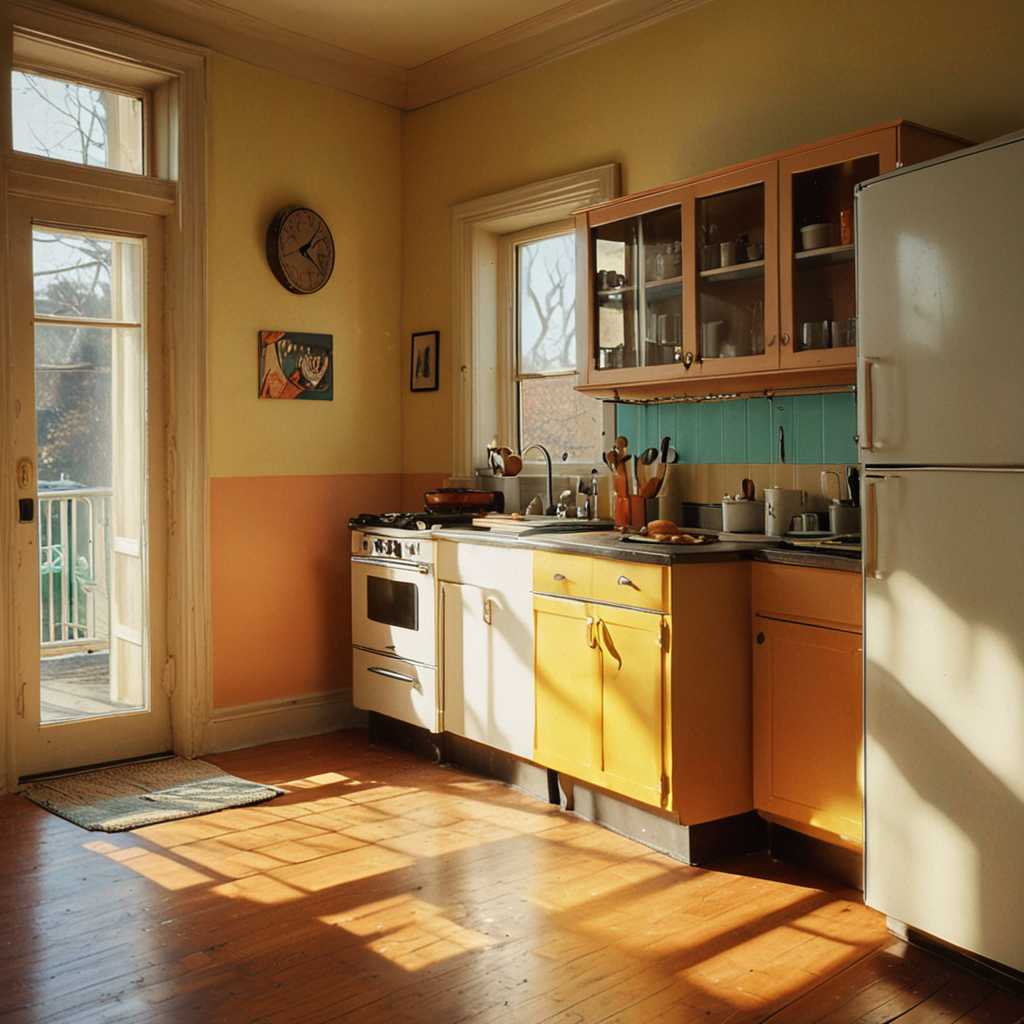 Edward Hopper style, Mid-Century Swedish furniture & style, A combination of multiple low saturation color blocks, psychedelic, play with light and shadow, setting sun ,mansion ,kitchen, vogue, taken with super 8 or hasselblad XD1, 400mm lens, film grain --no filter --ar 3:4 