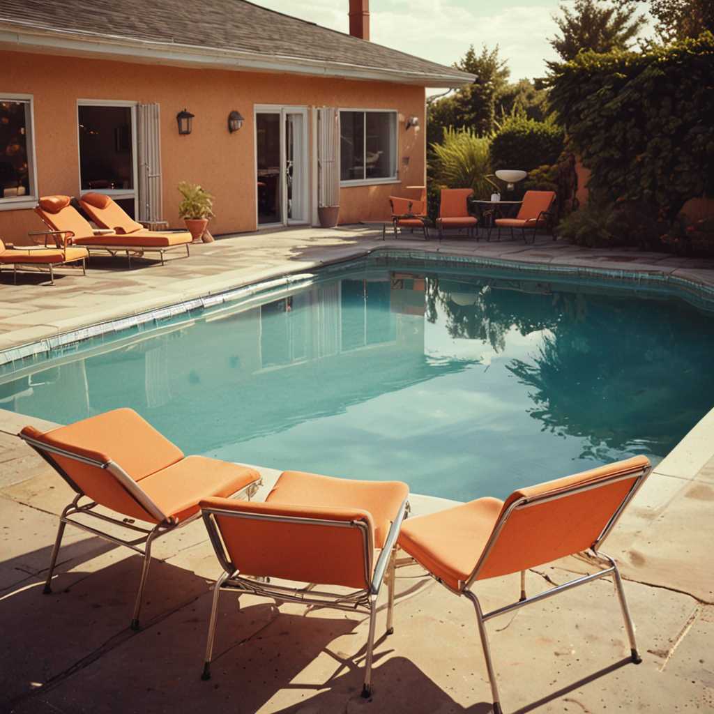 Edward Hopper style, Mid-Century Swedish furniture & style, A combination of multiple low saturation color blocks, psychedelic, play with light and shadow, setting sun ,mansion , swimming pool barbecue area, vogue, taken with super 8 or hasselblad XD1, 400mm lens, film grain --no filter --ar 3:4 
