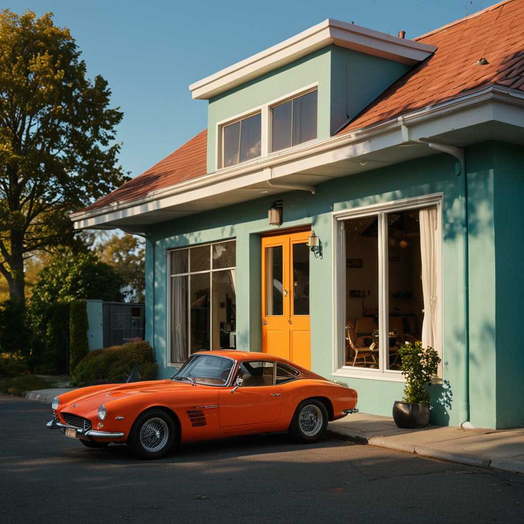 Edward Hopper style, Mid-Century Swedish furniture & style, A combination of multiple low saturation color blocks, psychedelic, play with light and shadow, setting sun ,mansion , side garage with collection of v8 sports cars, vogue, taken with super 8 or hasselblad XD1, 400mm lens, film grain --no filter --ar 3:4 
