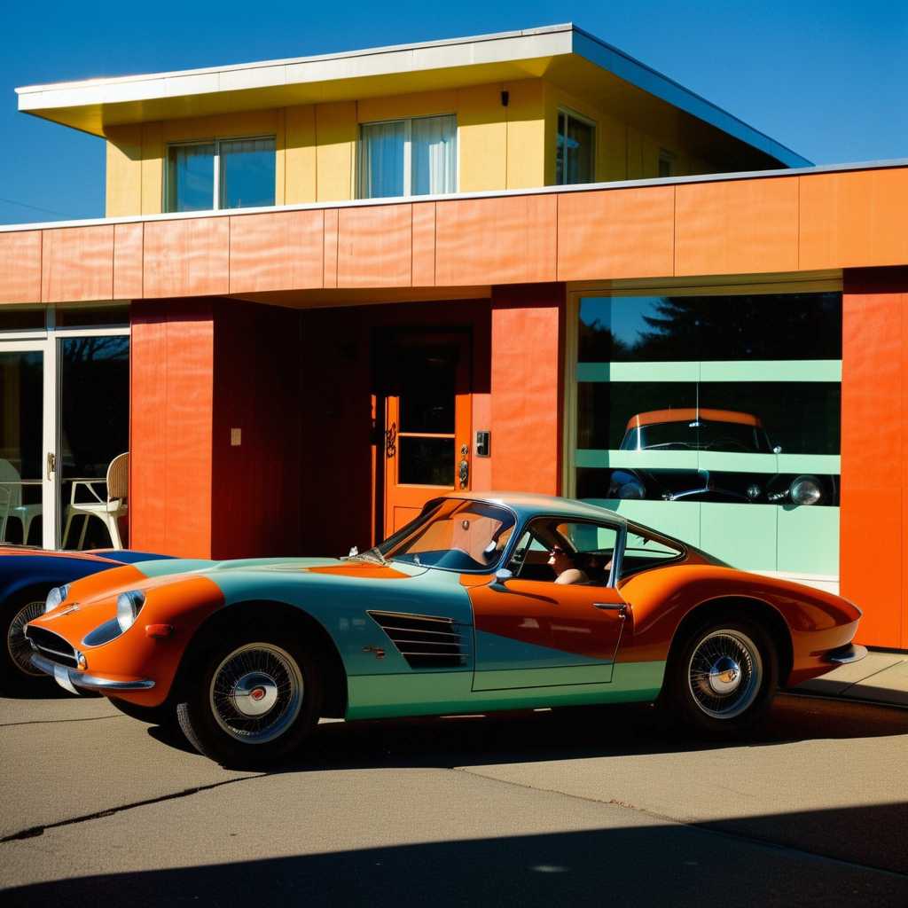 Edward Hopper style, Mid-Century Swedish furniture & style, A combination of multiple low saturation color blocks, psychedelic, play with light and shadow, setting sun ,mansion , side garage with collection of v8 sports cars, vogue, taken with super 8 or hasselblad XD1, 400mm lens, film grain --no filter --ar 3:4 