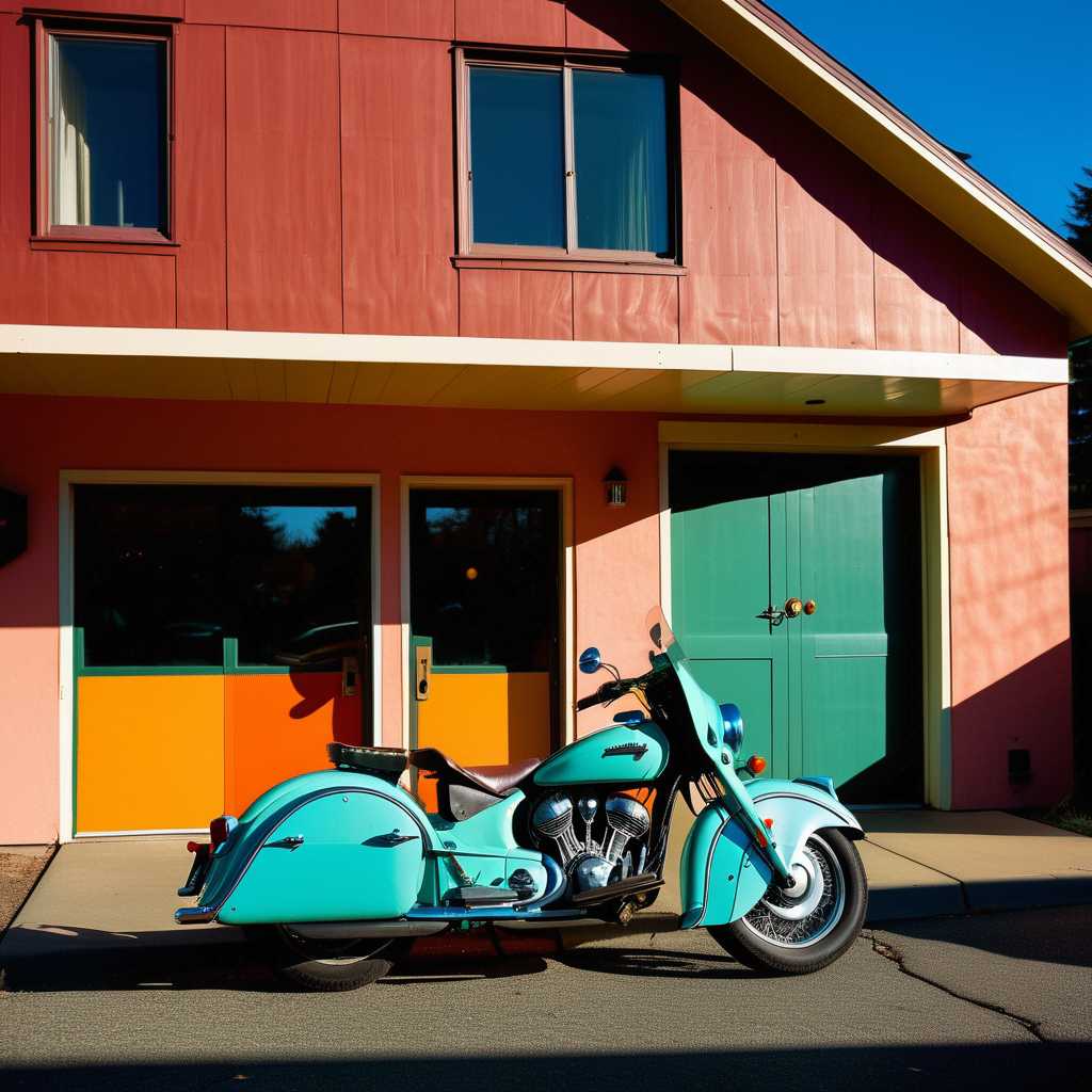 Edward Hopper style, Mid-Century Swedish furniture & style, A combination of multiple low saturation color blocks, psychedelic, play with light and shadow, setting sun ,mansion , side garage with Indian motorcycle, vogue, taken with super 8 or hasselblad XD1, 400mm lens, film grain --no filter --ar 3:4 