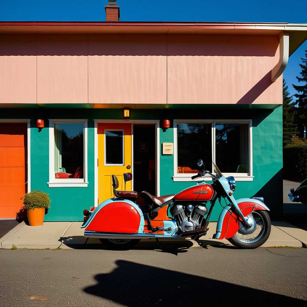 Edward Hopper style, Mid-Century Swedish furniture & style, A combination of multiple low saturation color blocks, psychedelic, play with light and shadow, setting sun ,mansion , side garage with Indian motorcycle, vogue, taken with super 8 or hasselblad XD1, 400mm lens, film grain --no filter --ar 3:4 