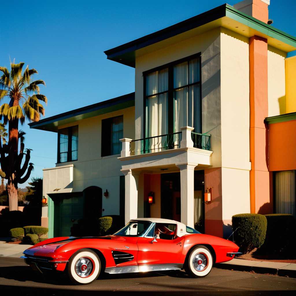 Edward Hopper style, Mid-Century California & style, A combination of multiple low saturation color blocks, psychedelic, play with light and shadow, setting sun ,mansion , corvette, vogue, taken with super 8 or hasselblad XD1, 400mm lens, film grain --no filter --ar 3:4 