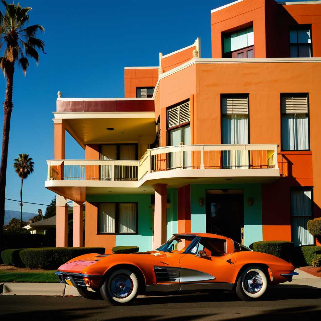 Edward Hopper style, Mid-Century California & style, A combination of multiple low saturation color blocks, psychedelic, play with light and shadow, setting sun ,mansion , corvette, vogue, taken with super 8 or hasselblad XD1, 400mm lens, film grain --no filter --ar 3:4 