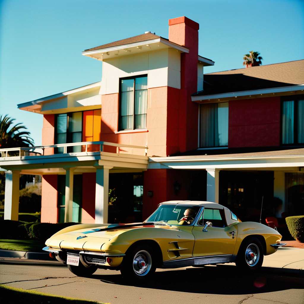 Edward Hopper style, Mid-Century California & style, A combination of multiple low saturation color blocks, psychedelic, play with light and shadow, setting sun ,mansion , corvette, vogue, taken with super 8 or hasselblad XD1, 400mm lens, film grain --no filter --ar 3:4 