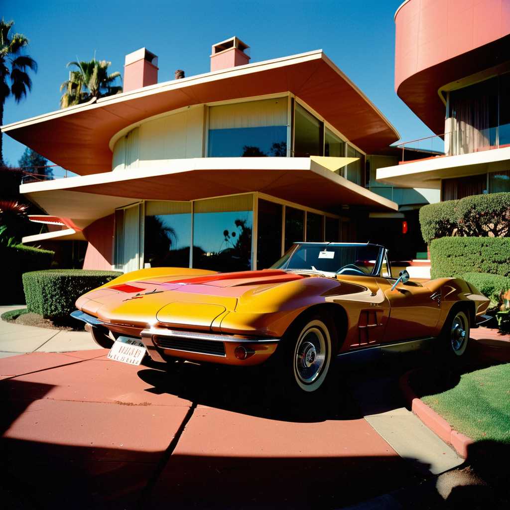 John Lautner Mid-Century California & style, A combination of multiple low saturation color blocks, psychedelic, play with light and shadow, setting sun ,mansion , corvette, vogue, taken with super 8 or hasselblad XD1, 400mm lens, film grain --no filter --ar 3:4 