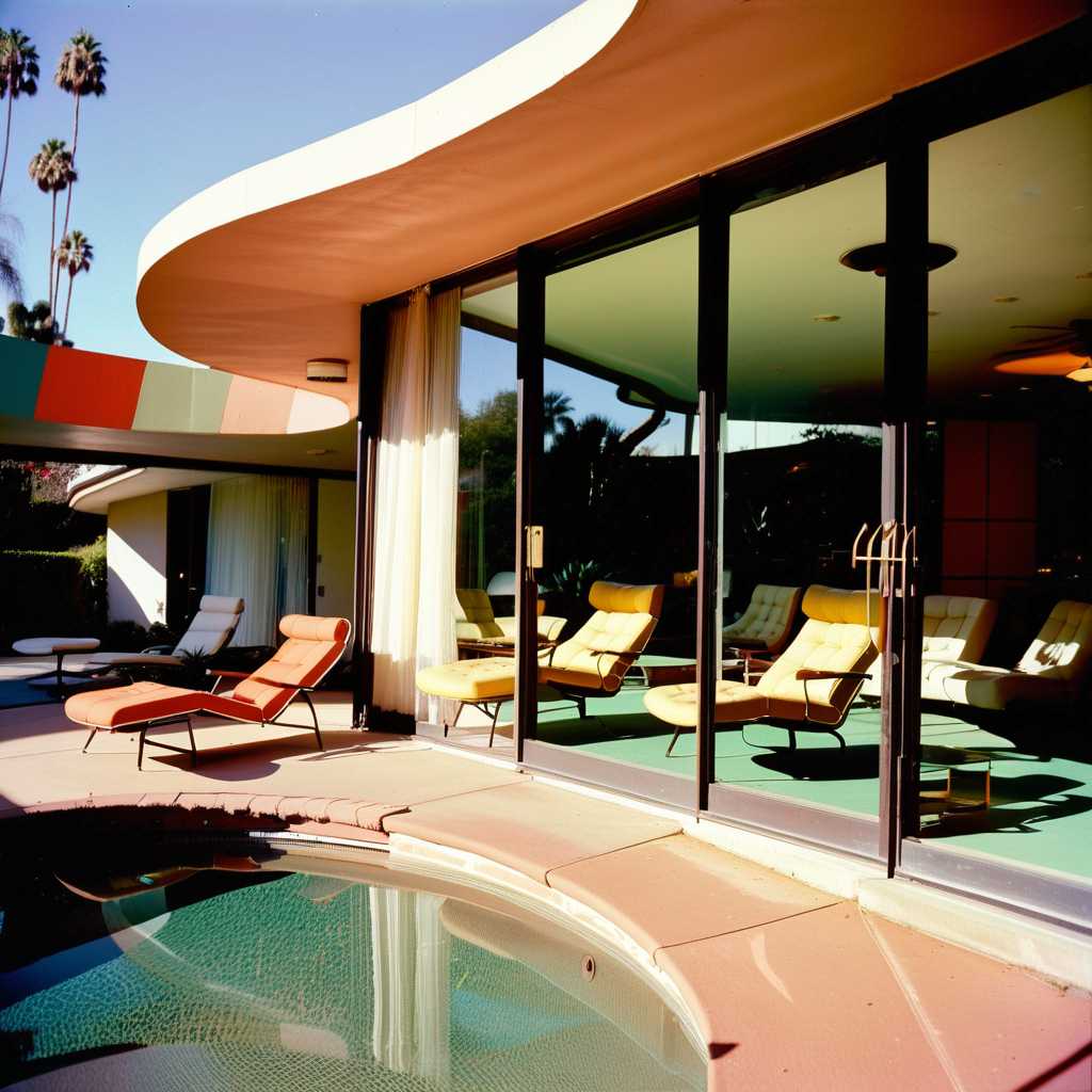 John Lautner Mid-Century California & style, A combination of multiple low saturation color blocks, psychedelic, play with light and shadow, setting sun ,mansion , living room by the pool big glass doors, vogue, taken with super 8 or hasselblad XD1, 400mm lens, film grain --no filter --ar 3:4 
