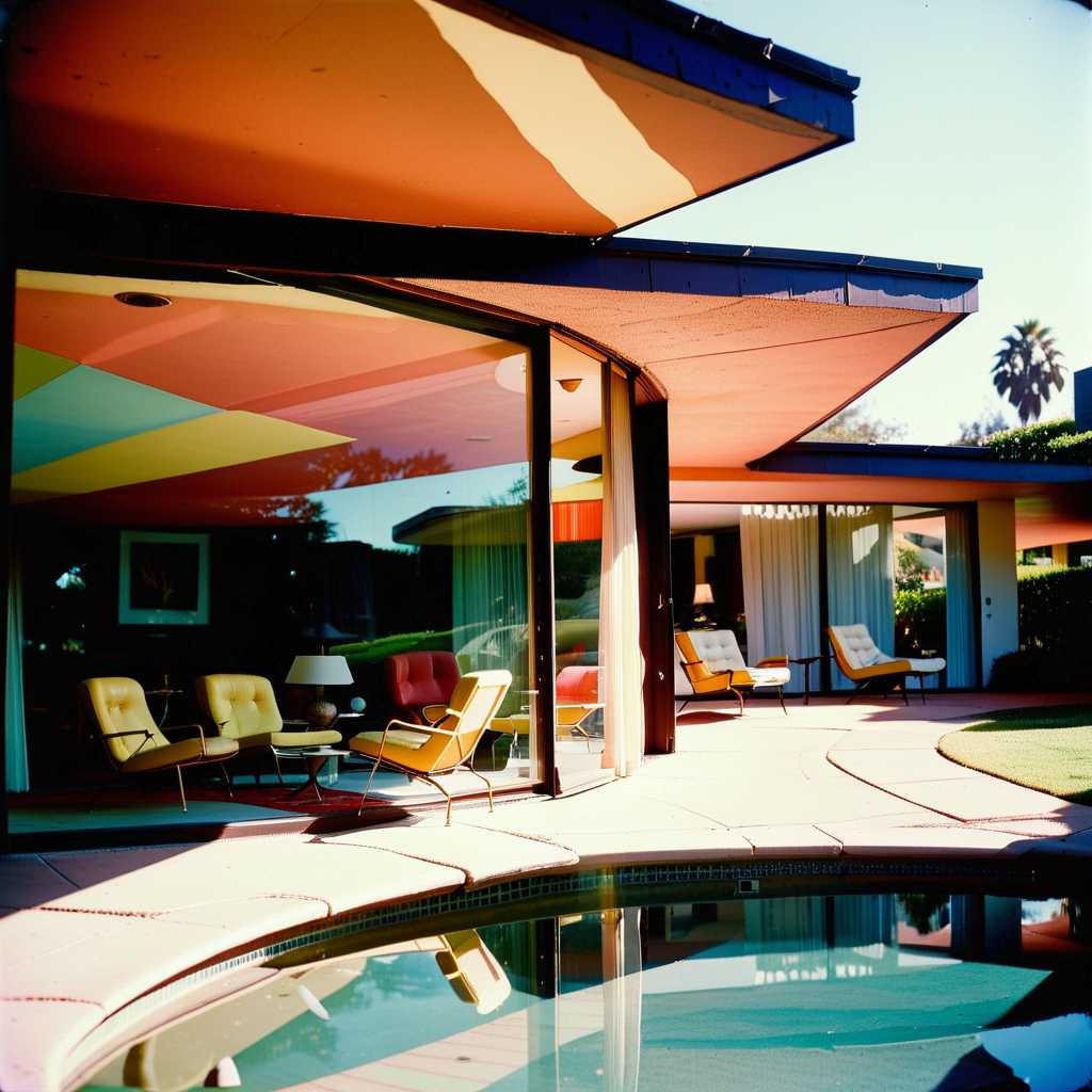 John Lautner Mid-Century California & style, A combination of multiple low saturation color blocks, psychedelic, play with light and shadow, setting sun ,mansion , living room by the pool big glass doors, vogue, taken with super 8 or hasselblad XD1, 400mm lens, film grain --no filter --ar 3:4 