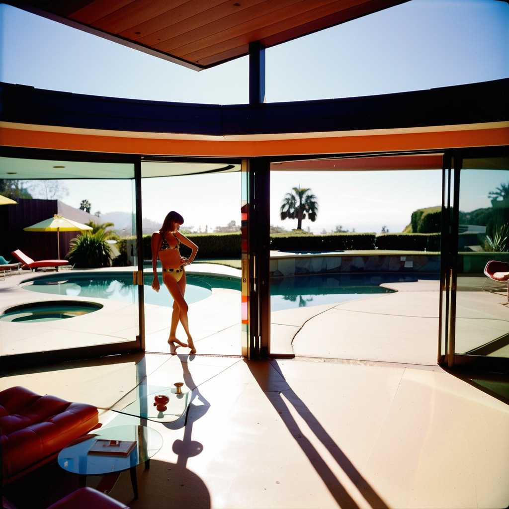 John Lautner Mid-Century California & style, A combination of multiple low saturation color blocks, psychedelic, play with light and shadow, setting sun ,mansion , living room by the pool big glass doors bikini clad models lounge around enjoying themselves, vogue, taken with super 8 or hasselblad XD1, 400mm lens, film grain --no filter --ar 3:4 