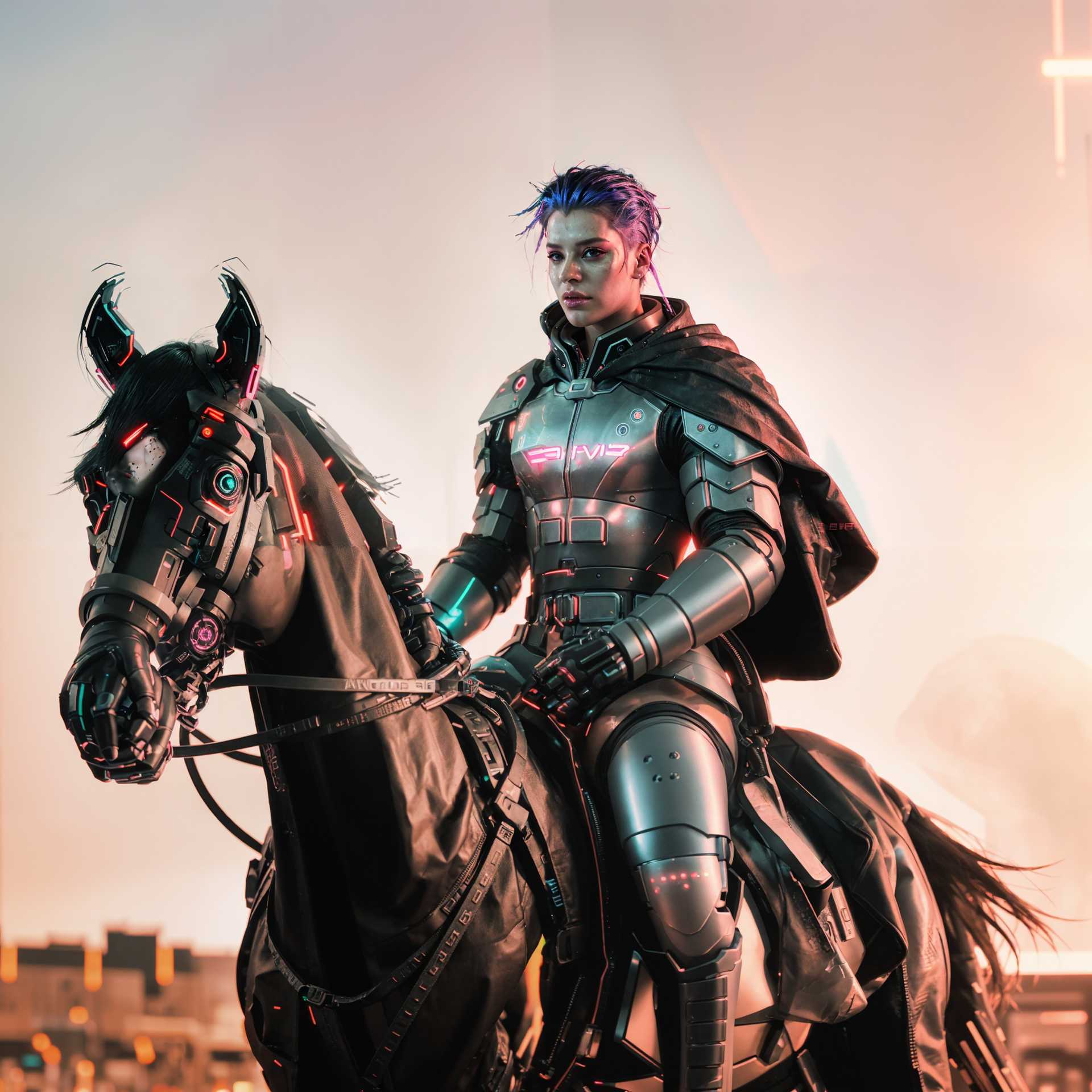 Cyber Knight with a Mechanical Steed: A Futuristic Ride