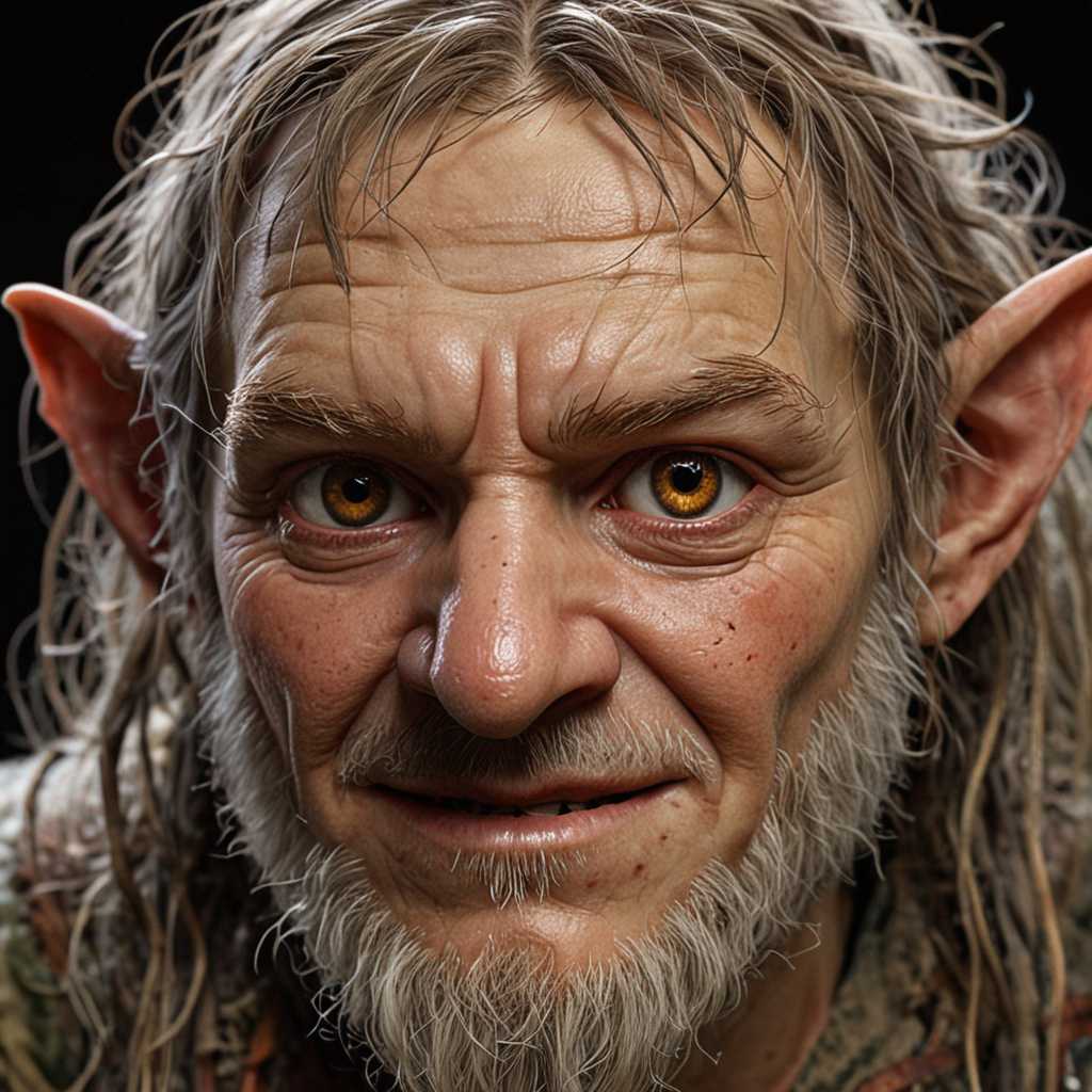 This image is a close-up of a computer-generated creature, which appears to be a hobbit or a similar fantasy race, from the movie "The Lord of the Rings." The creature is depicted with a detailed and realistic skin texture, showing a wide range of skin tones and subtle variations in color and shading that give it a lifelike appearance. The creature's skin is mostly bald, with a few strands of hair visible on the head and neck. The hair is thin and gray, adding to the realism of the character. The creature's ears are pointed and elongated, with a soft, pinkish hue, and they are positioned high on the head, contributing to its elf-like appearance. The creature's eyes are the most striking feature of the image. They are large, with a wide, expressive gaze, and are a vivid, almost electric blue color. The irises are detailed with a pattern of light and dark, giving them a dynamic and almost sentient quality. The pupils are dilated, and the creature's eyes seem to be fixed on something out of frame, adding to the sense of curiosity or alertness in its expression. The creature's mouth is open, revealing a set of small, sharp teeth, and its expression is one of a sly, cunning grin. The teeth are slightly misaligned, giving the creature a somewhat mischievous or unsettling appearance. The creature's face is wrinkled and textured, with fine lines and creases that run across the forehead, around the eyes, and on the cheeks, adding to its aged and weathered look. The creature's posture is slightly hunched, with the shoulders rounded forward and the head tilted downward, giving it a somewhat contemplative or pensive demeanor. The creature's hands are not visible in the image, but its fingers are long and delicate, with a hint of webbing between them, which is consistent with the typical anatomy of a hobbit. The background of the image is blurred and indistinct, with a focus on the creature's face. The colors in the background are muted and cool, with shades of gray and blue, which contrast with the warmer tones of the creature's skin. The lighting in the image is soft and diffused, casting gentle shadows and highlights on the creature's face, which further emphasize its three-dimensional form. Overall, the art style of the image is realistic with a touch of fantasy, utilizing advanced computer graphics to create a lifelike and detailed depiction of the creature. The medium appears to be a digital painting or rendering, utilizing a combination of textures, lighting, and shading to create the final image.