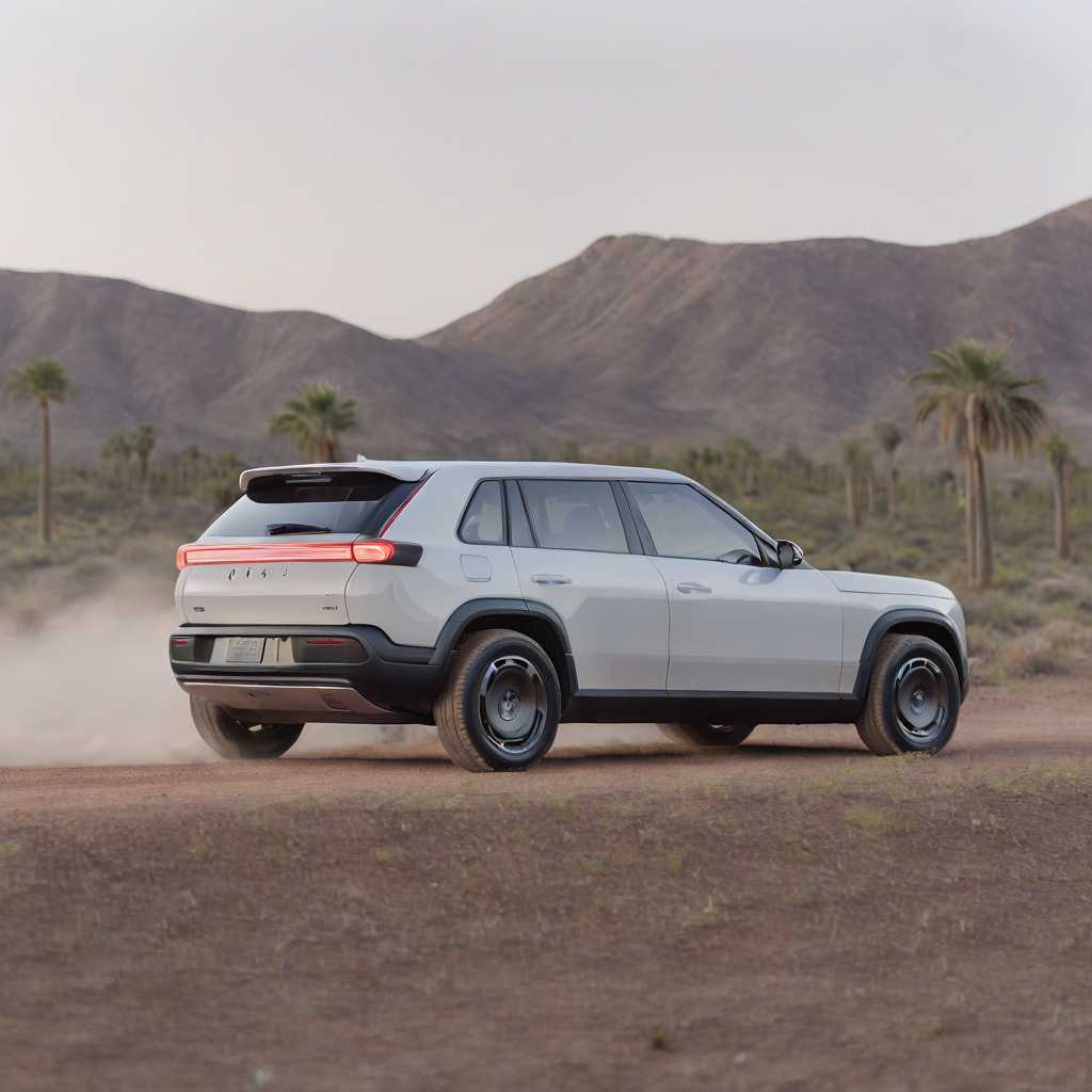 a side profile photo of a white RIVIANR3X car, driving through a desert with palm trees