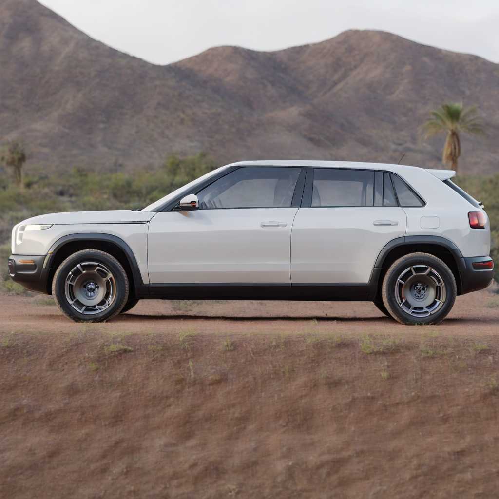 a side profile photo of a white RIVIANR3X car, driving through a desert with palm trees
