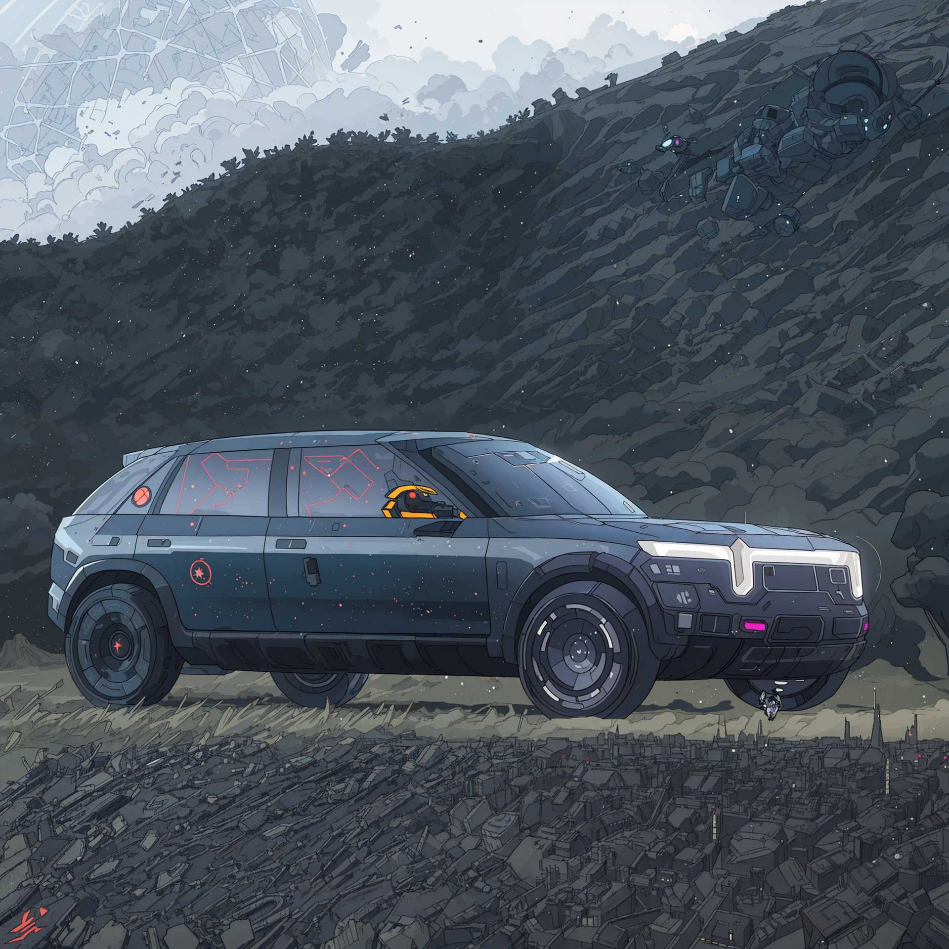 Advanced SUV Amidst a Post-Apocalyptic Cityscape