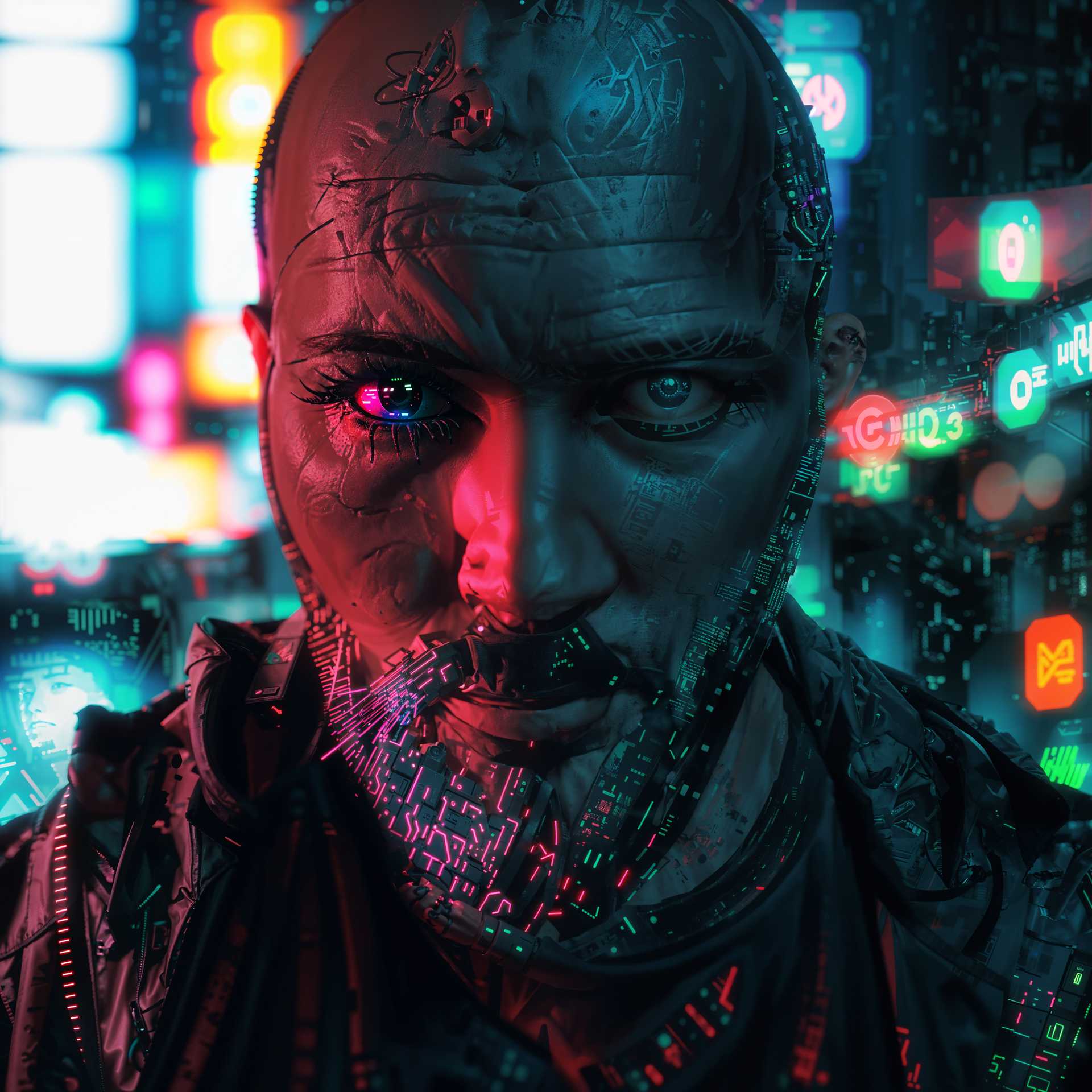 AI-generated image: cyberpunk, futuristic, neon lights, dystopian, bald head