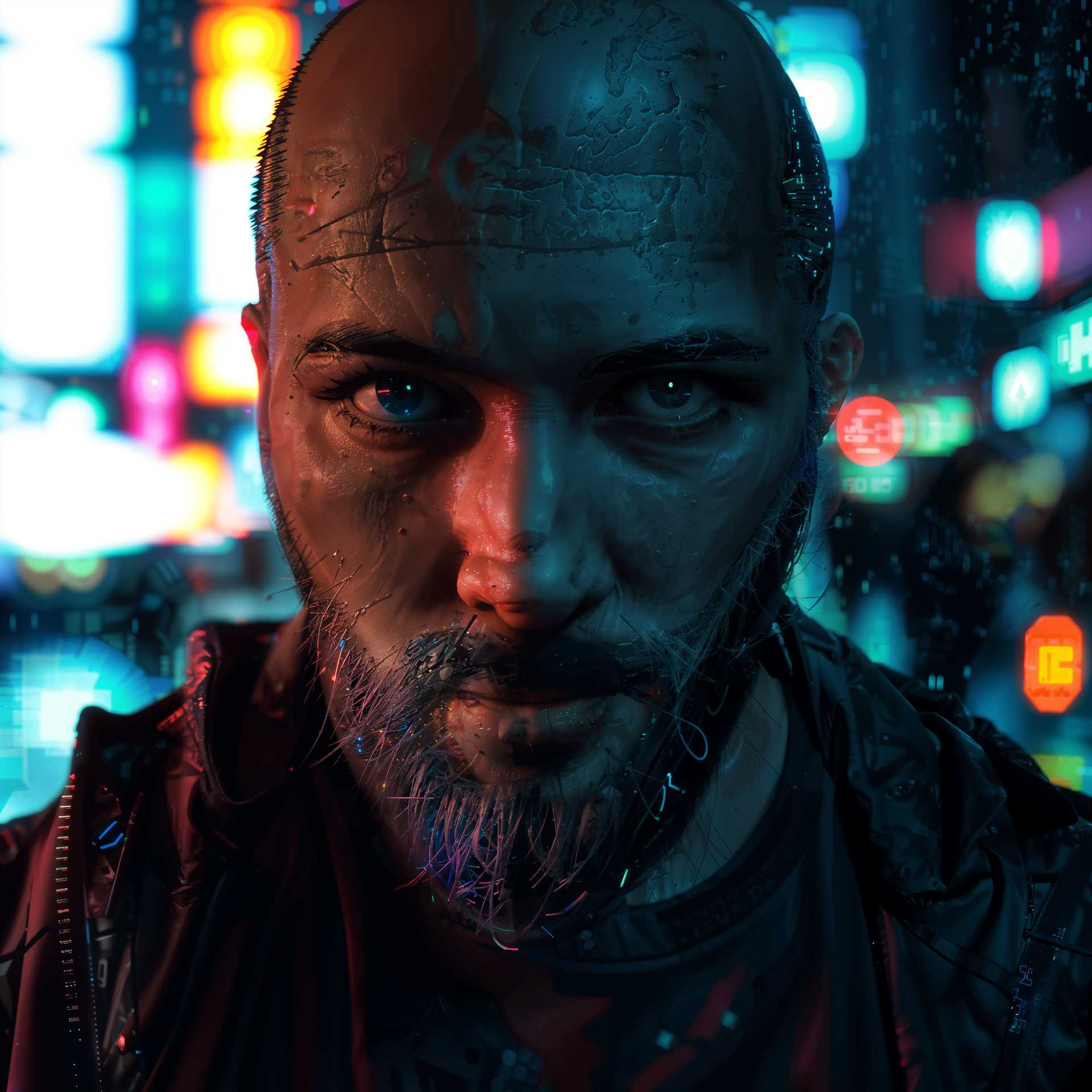 AI-generated image: cyberpunk, futuristic, neon lights, dystopian, bald head