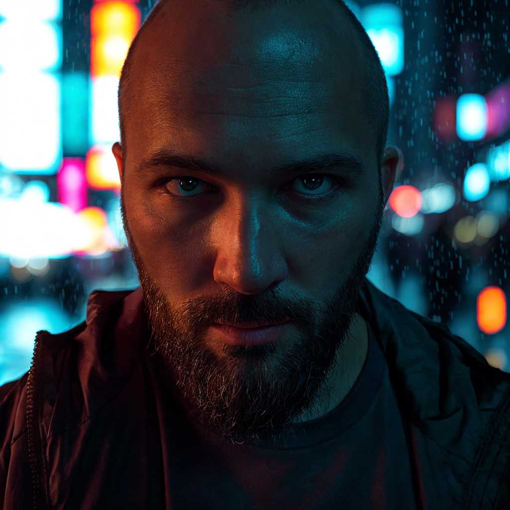 cyberpunk, futuristic, neon lights, dystopian, bald head