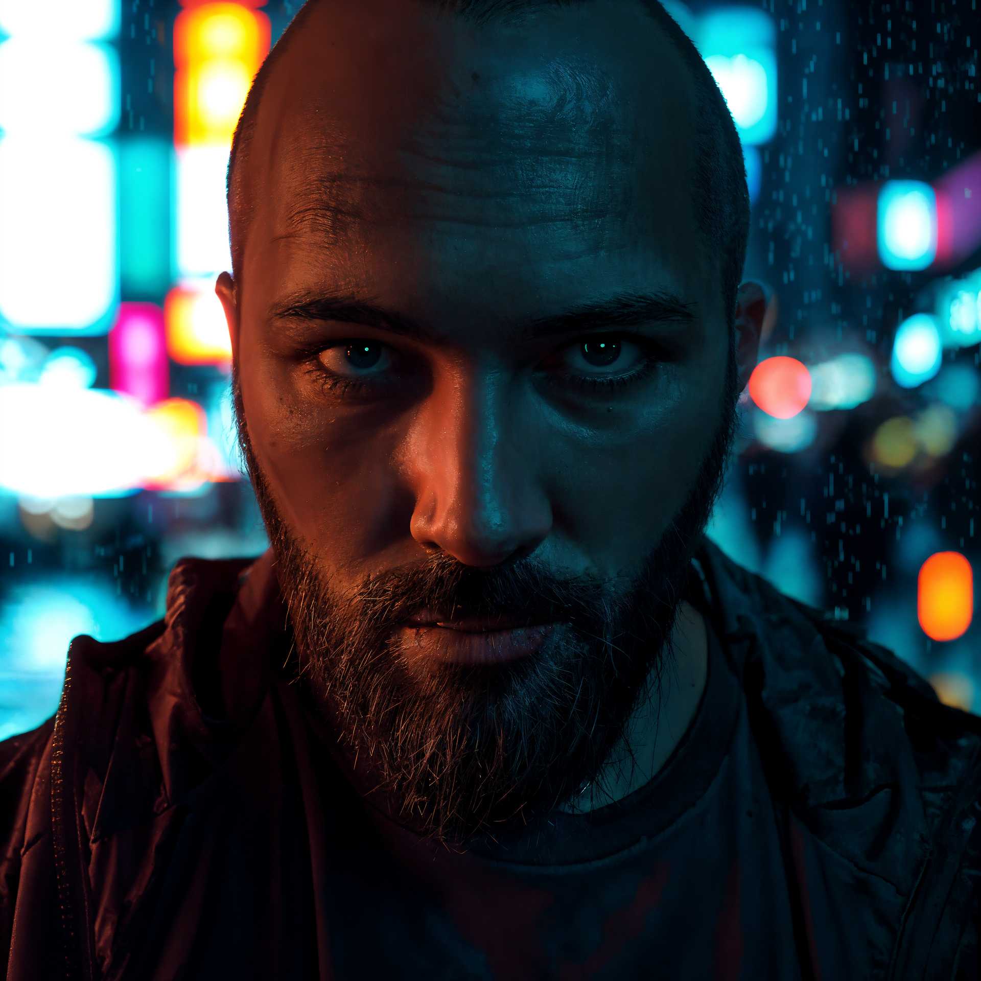 AI-generated image: cyberpunk, futuristic, neon lights, dystopian, bald head