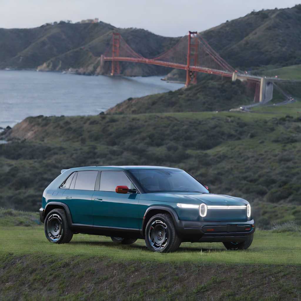 a photo of a RIVIANR3X car, head on with the golden gate bridge in the background