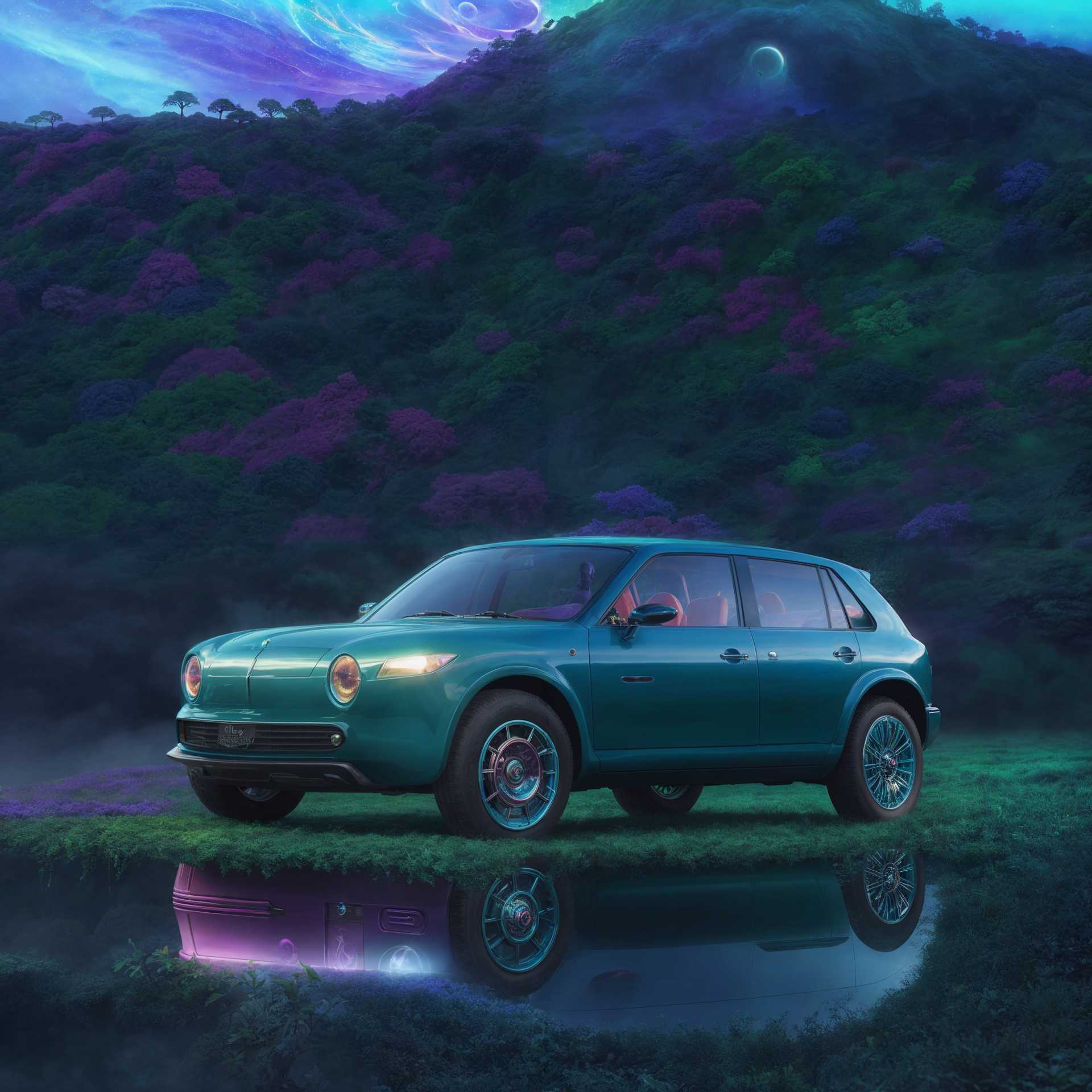 Electric SUV stands on mystical grass, reflecting cosmic beauty in surreal landscape.