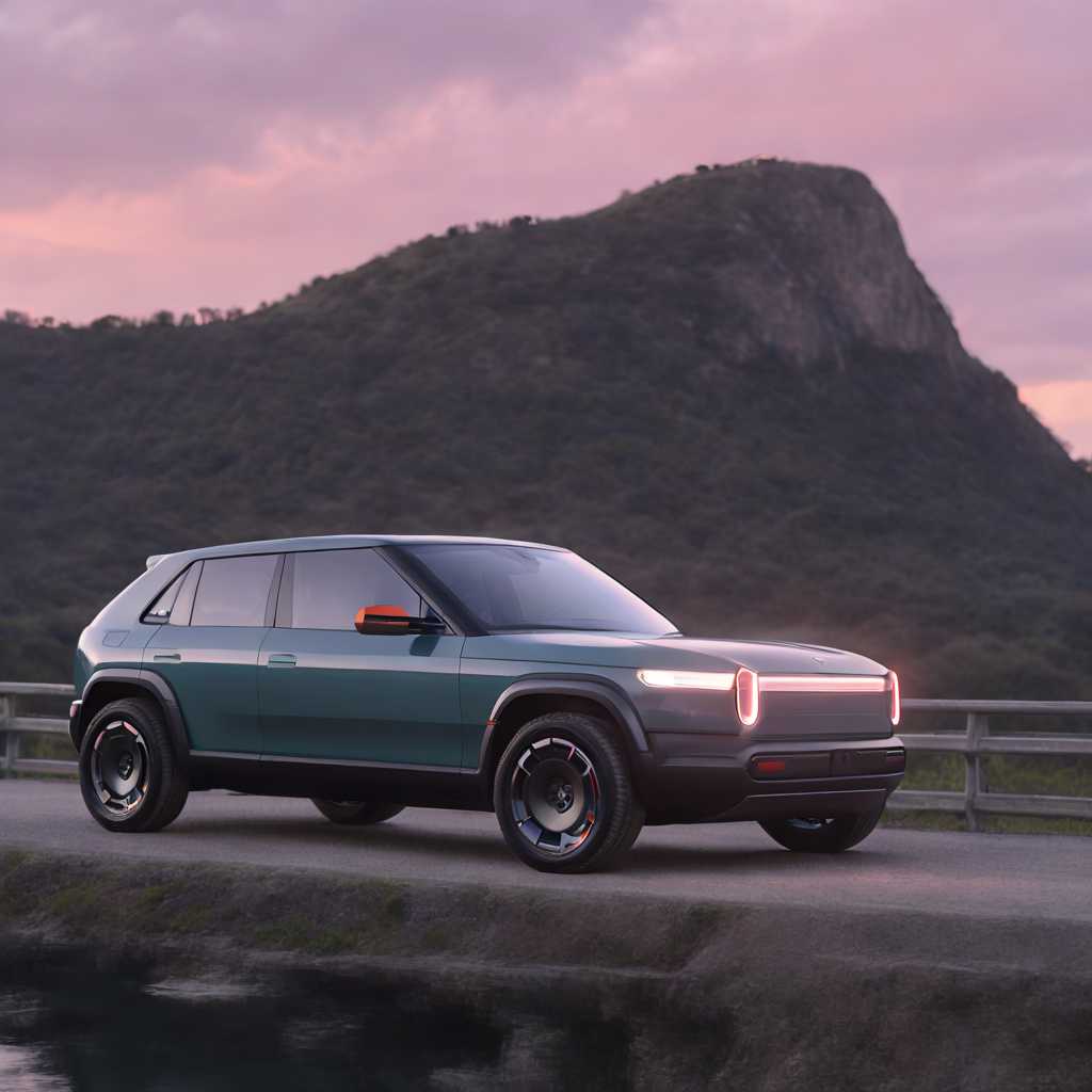 a photo of a RIVIANR3X car, An illustration of a sleek, modern electric car driving across a suspension bridge at sunset. The car is white with black detailing and prominent headlights. The bridge has three visible towers and stretches over calm waters with a mountain silhouette in the background under a sky painted with gradients of pink and orange hues."