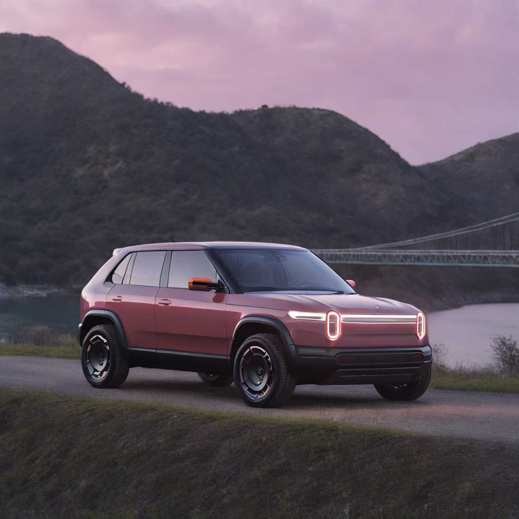 a photo of a RIVIANR3X car, An illustration of a sleek, modern electric car driving across a suspension bridge at sunset. The car is white with black detailing and prominent headlights. The bridge has three visible towers and stretches over calm waters with a mountain silhouette in the background under a sky painted with gradients of pink and orange hues."