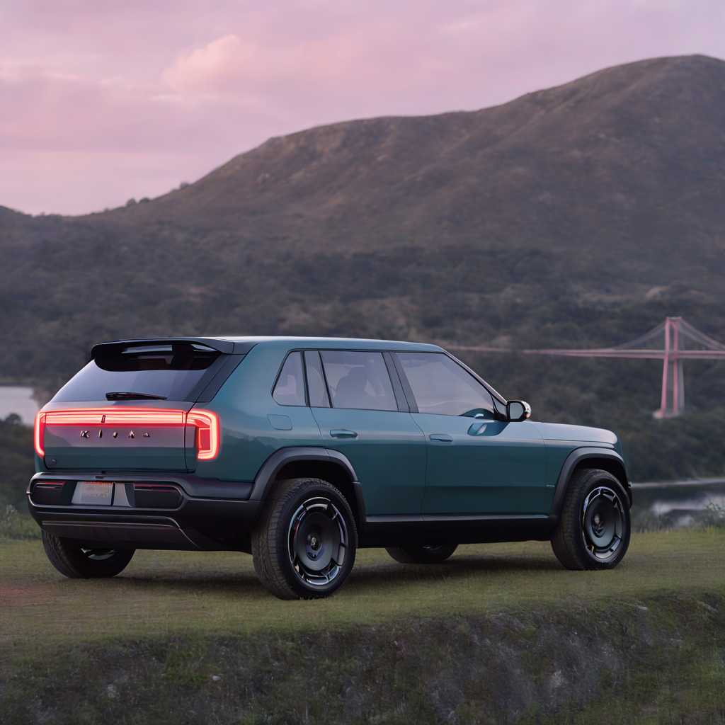 a photo of a RIVIANR3X car, An illustration of a sleek, modern electric car driving across a suspension bridge at sunset. The car is white with black detailing and prominent headlights. The bridge has three visible towers and stretches over calm waters with a mountain silhouette in the background under a sky painted with gradients of pink and orange hues."