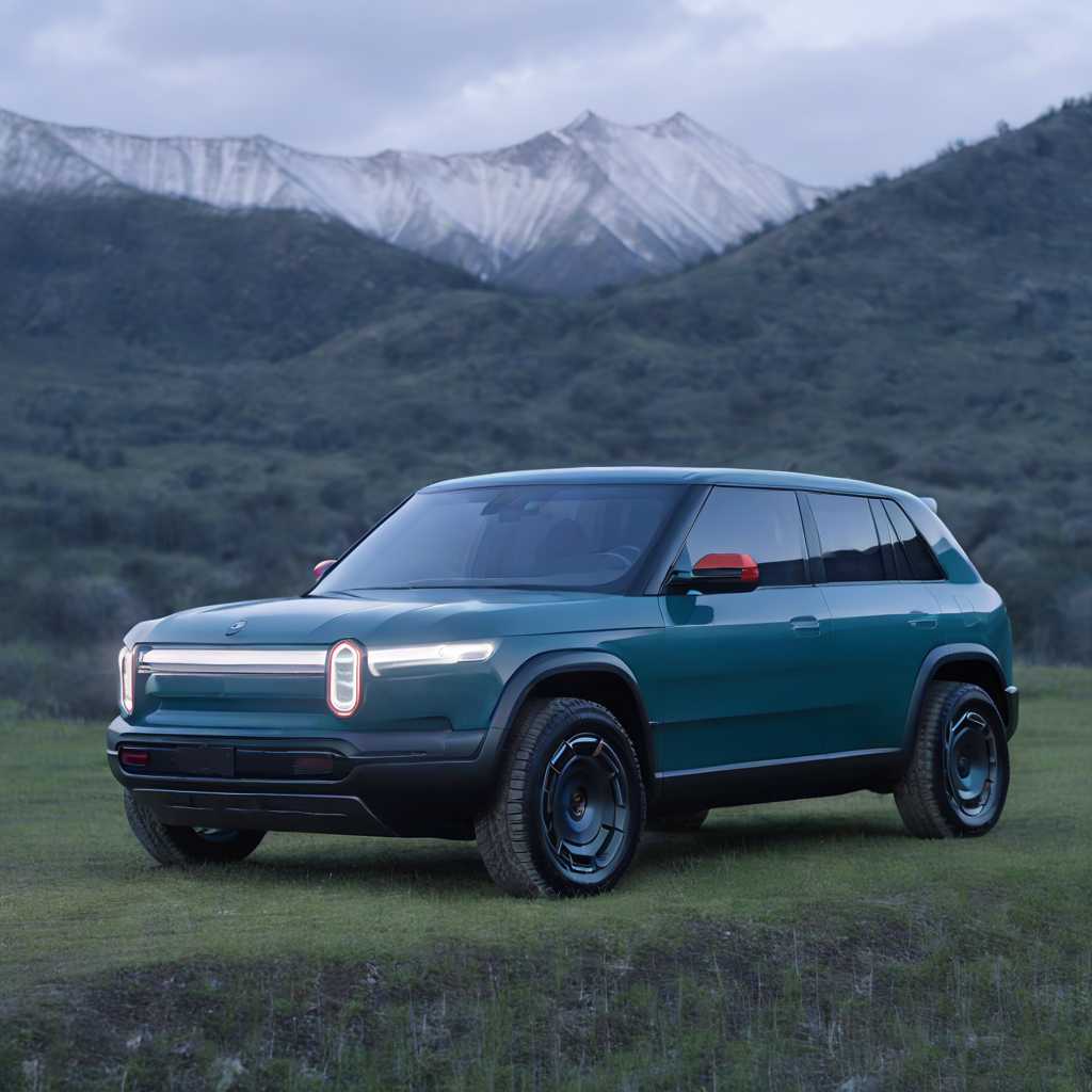 a photo of a RIVIANR3X car, A silver SUV with black detailing is centered in a snowy landscape, facing the viewer. The vehicle has a modern design with angular headlights and a prominent front grille. The SUV is on a snowy road with tire tracks leading away from it, suggesting recent travel. The background features a mountainous terrain with snow-covered peaks under a heavy, snowy sky. The scene is rendered in a digital illustration style with a muted color palette dominated by whites, grays, and blues.