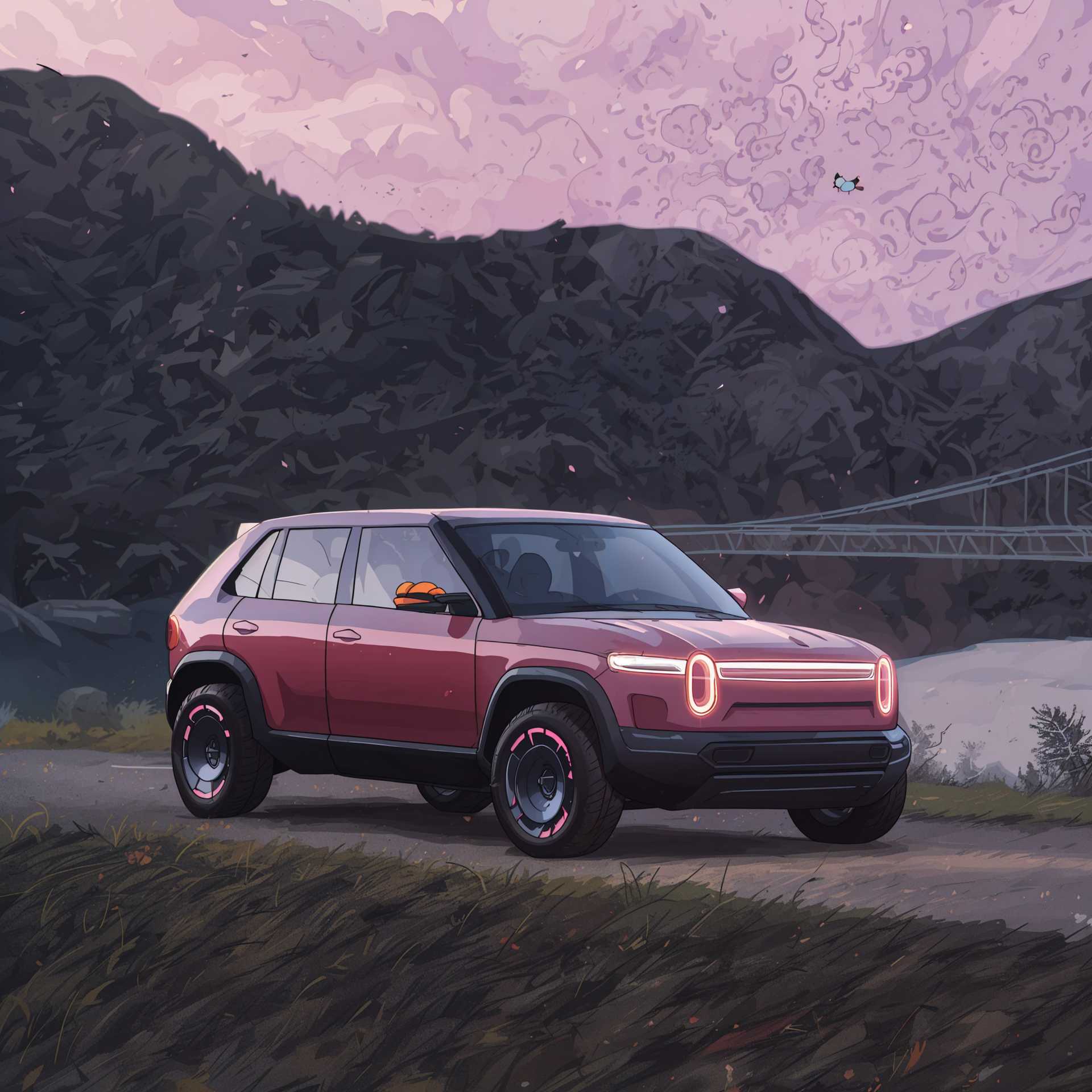 Retrofuturistic SUV on a Mountain Road at Dusk
