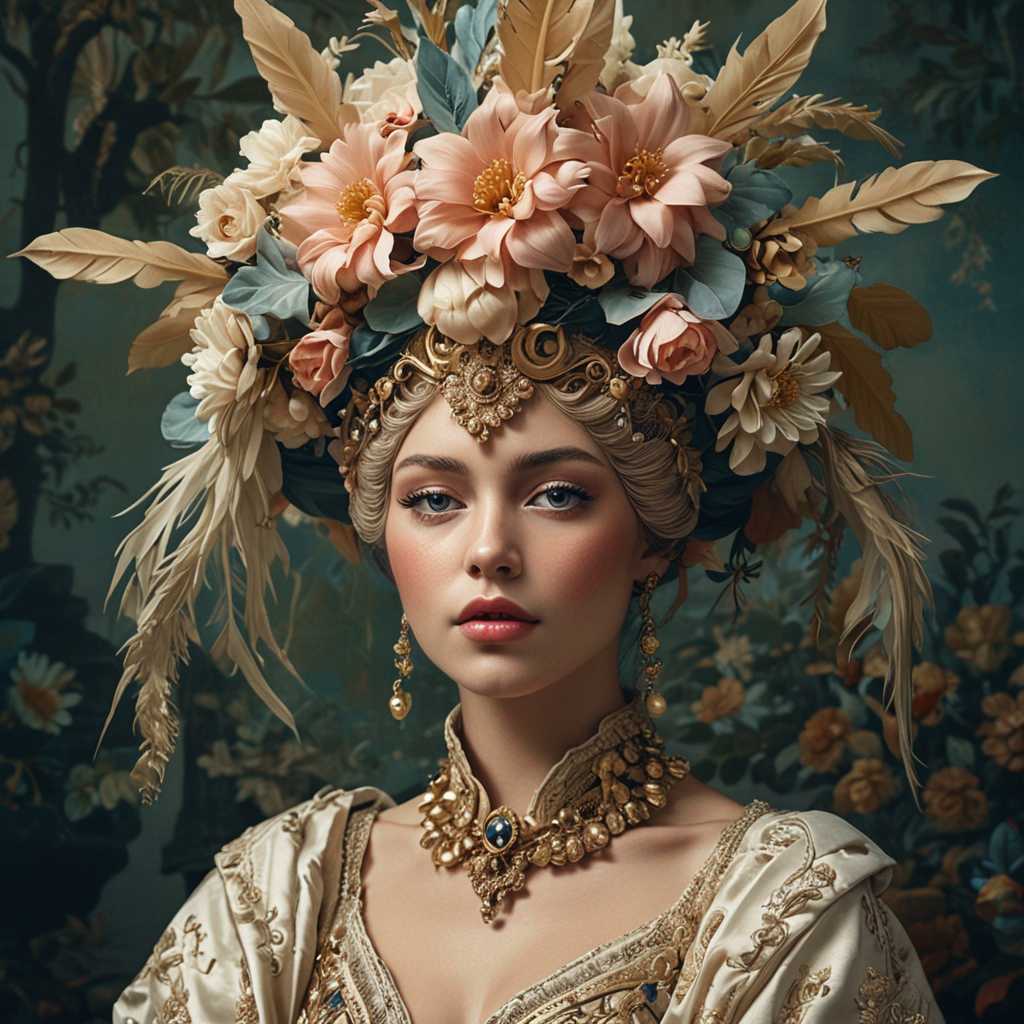 This image is a highly stylized and surreal portrait that exudes a sense of fantasy and otherworldliness. The subject is adorned with an elaborate headdress and a luxurious, draped garment that blends with the surrounding flora, creating a seamless transition between the subject and the environment.

The art style is reminiscent of Baroque and Rococo influences, with a touch of surrealism. The subject's face is painted with intricate details that mimic the appearance of a mask, with a focus on the eyes and lips. The use of metallic and iridescent pigments gives the face a luminous quality, while the rest of the body is draped in a rich, emerald green fabric that suggests velvet or satin.

The colors in the image are moody and atmospheric, with a predominance of greens, browns, and earthy tones. The flowers in the headdress and garment are a mix of yellows, oranges, and pinks, providing a warm contrast to the cool tones of the subject's attire. The metallic accents on the face add a subtle gleam, while the overall palette evokes a sense of mystery and depth.

The medium appears to be a combination of photography and digital manipulation, given the smooth blending of textures and the seamless integration of the subject with the background. The lighting is dramatic and chiaroscuro, with deep shadows that accentuate the contours of the subject and the three-dimensional quality of the objects.

Objects in the image include a variety of flowers, such as roses, daisies, and sunflowers, which are intricately arranged in the headdress and garment. The flowers are rendered with a high degree of realism, with petals that appear velvety and leaves that have a lifelike sheen. The subject's hand is delicately poised, with manicured nails that match the color of the garment, further enhancing the seamless integration with the floral elements.

Overall, the image is a visually striking and thought-provoking piece that invites viewers to ponder the themes of nature, transformation, and the blending of humanity with the natural world.